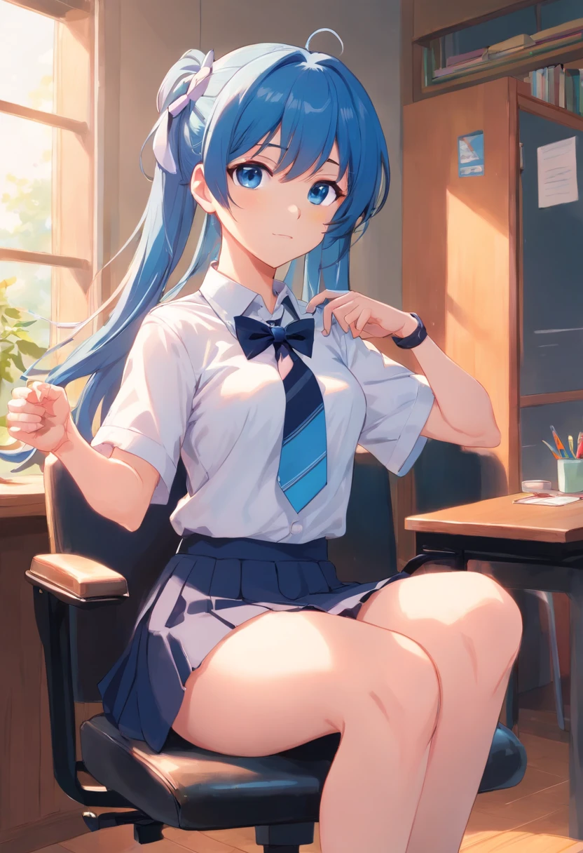 1girl, skirt, solo, blue hair, sitting, hair ornament, shirt, blue eyes, white shirt, hairclip, bow, chair, tying hair, black skirt, ponytail, short sleeves, pleated skirt, red bow, hair tie in mouth, mouth hold, bowtie, looking at viewer, school uniform, blush, red bowtie, hair tie, bangs, arms up, long hair, collared shirt, indoors, midriff peek, hair between eyes, thighs, on chair