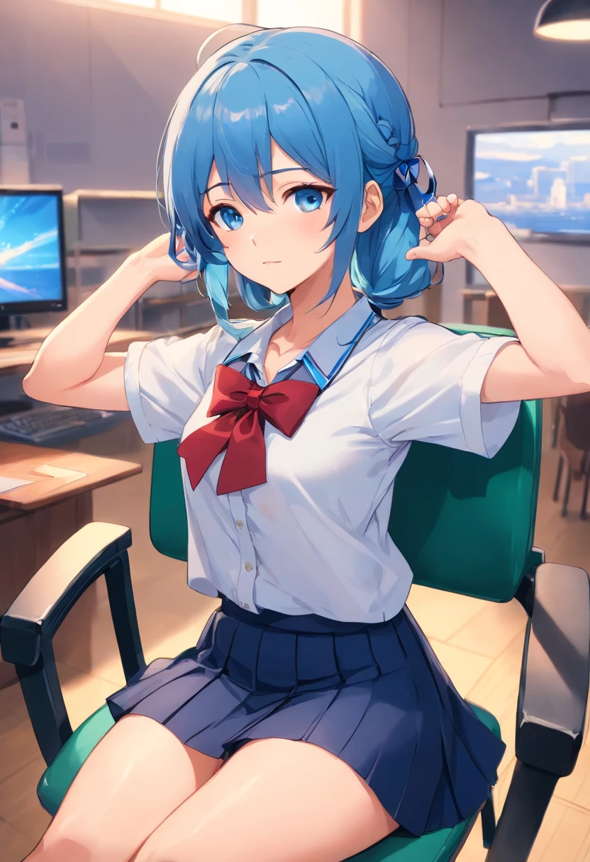 1girl, skirt, solo, blue hair, sitting, hair ornament, shirt, blue eyes, white shirt, hairclip, bow, chair, tying hair, black skirt, ponytail, short sleeves, pleated skirt, red bow, hair tie in mouth, mouth hold, bowtie, looking at viewer, school uniform, blush, red bowtie, hair tie, bangs, arms up, long hair, collared shirt, indoors, midriff peek, hair between eyes, thighs, on chair