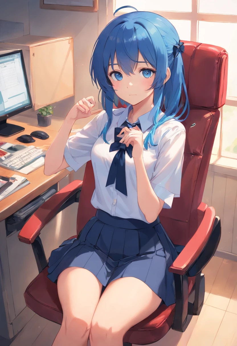 1girl, skirt, solo, blue hair, sitting, hair ornament, shirt, blue eyes, white shirt, hairclip, bow, chair, tying hair, black skirt, ponytail, short sleeves, pleated skirt, red bow, hair tie in mouth, mouth hold, bowtie, looking at viewer, school uniform, blush, red bowtie, hair tie, bangs, arms up, long hair, collared shirt, indoors, midriff peek, hair between eyes, thighs, on chair