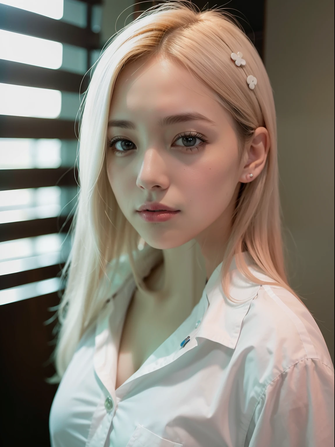 ((of the highest quality, 8K, masutepiece: 1.3, Raw photo)), Sharp Focus: 1.2, (1 AESPA Girl: 1.2), (Realistic, Photorealistic: 1.37), (Face Focus: 1.1), Cute face, hyperdetailed face, Small breasts, flat chest, Short messy hair, (White button up long shirt :1.2), Standing bathroom, Sunlight, Movie Lighting,