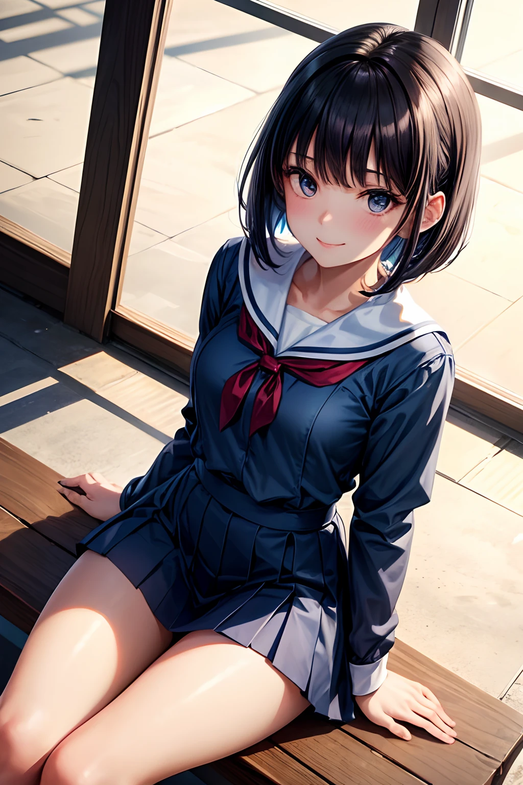 A lot of skin exposure, senior high school student, uniformed figure, hair behind ear, light smile, oral invitation, In summer uniform, crossedlegs, expressive hair, bob cut, lone nape hair, wariza, kneestochest, onback, fetalposition, hair scrunchie, anime, anime style, drop shadow, 4K, best quality, award winning, super detail, textured skin