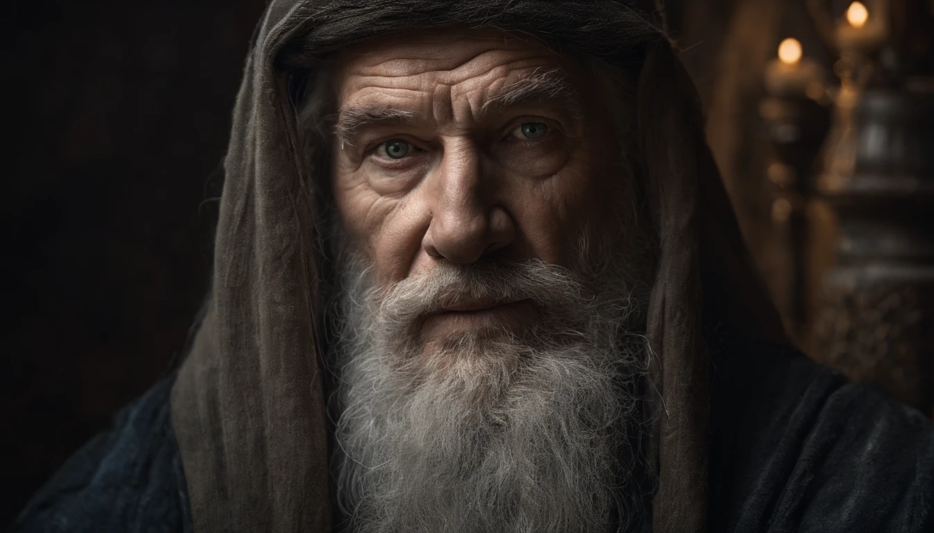 A portrait of a wizard, bearded, wrinkled, weathered, with piercing eyes, detailed face, high details, photography, dark studio, rim light, Nikon D850, 50mm, f/1.4