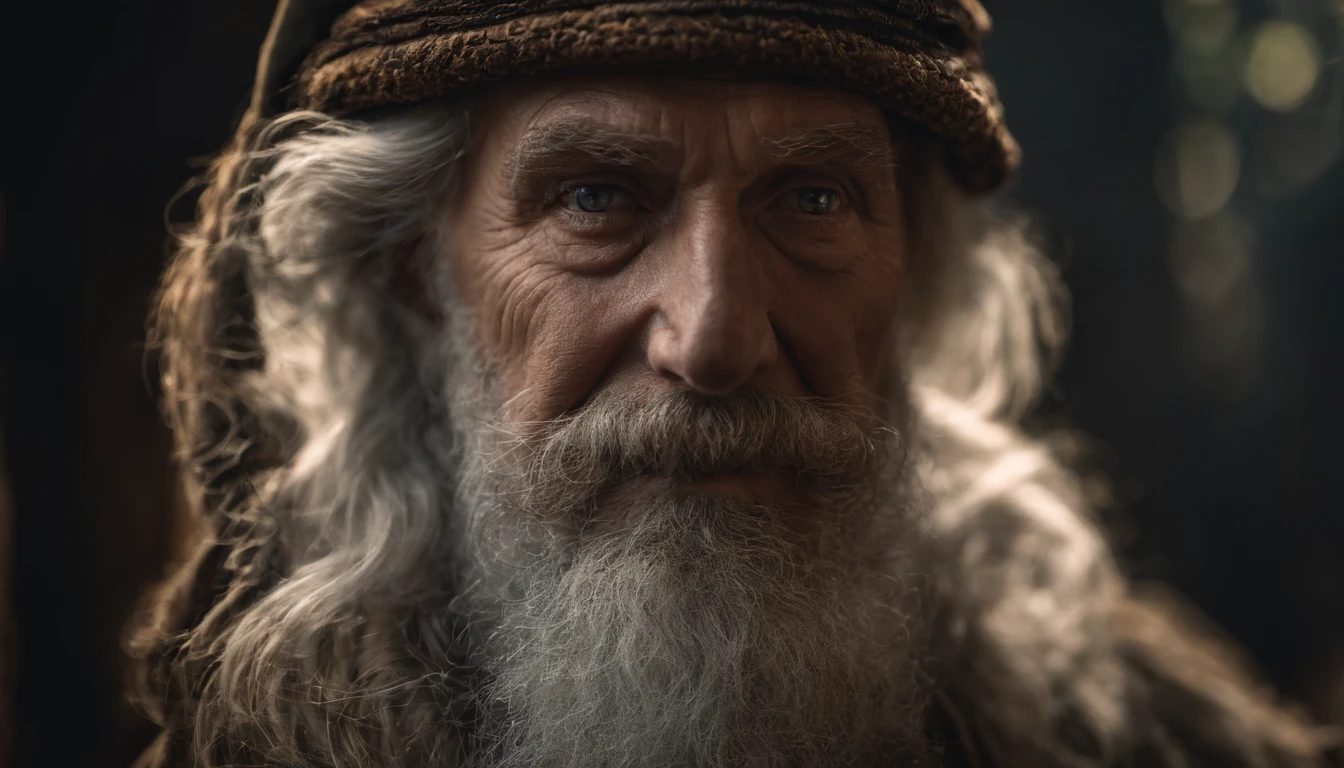 A portrait of a wizard, bearded, wrinkled, weathered, with piercing eyes, detailed face, high details, photography, dark studio, rim light, Nikon D850, 50mm, f/1.4