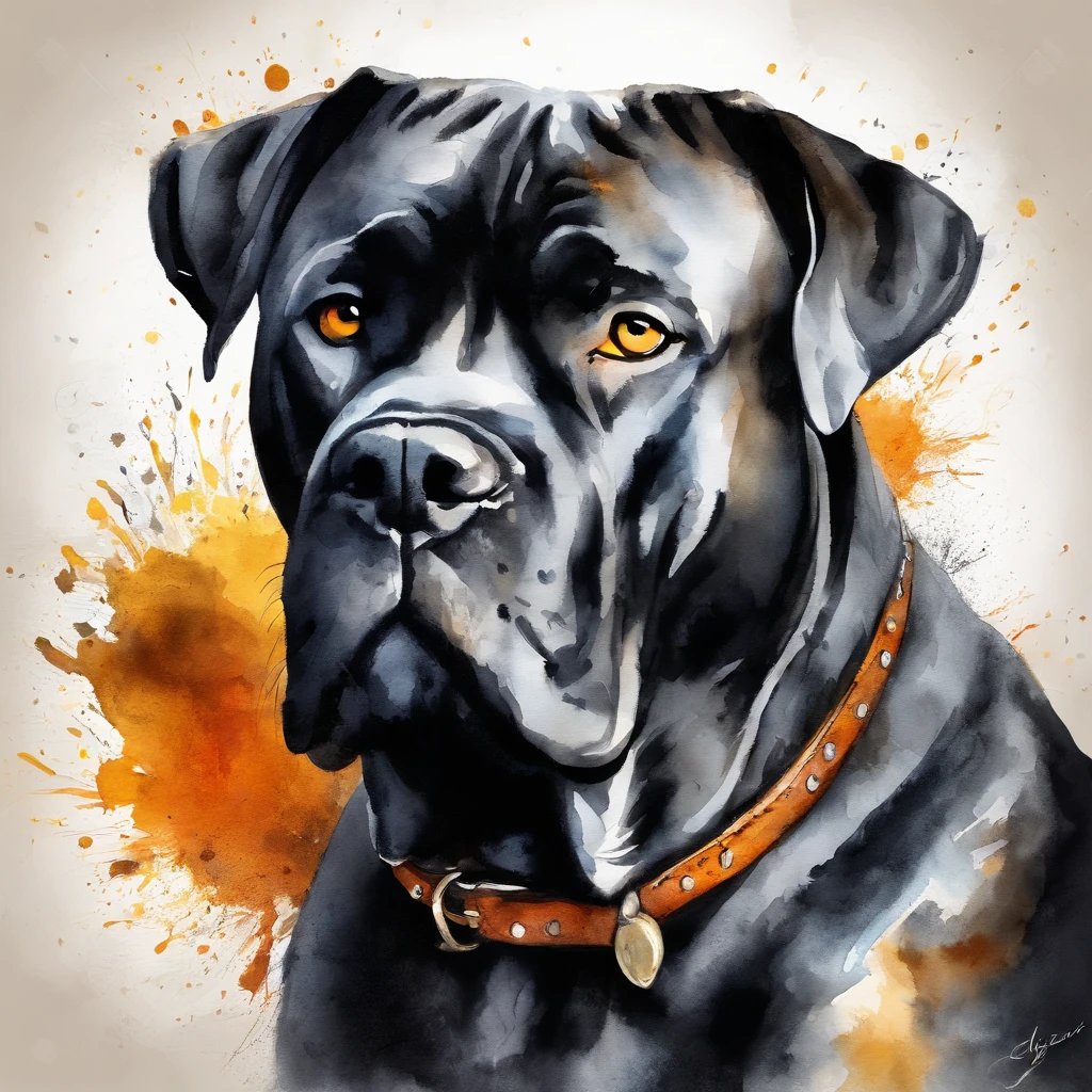 Arte de tatuagem de cane corso realista cinza preto busto, com (((olhos alaranjados))) Displays an ink splash sketch effect ,de boca aberta, ele parecia muito feroz e zangado，Classical Chinese art style