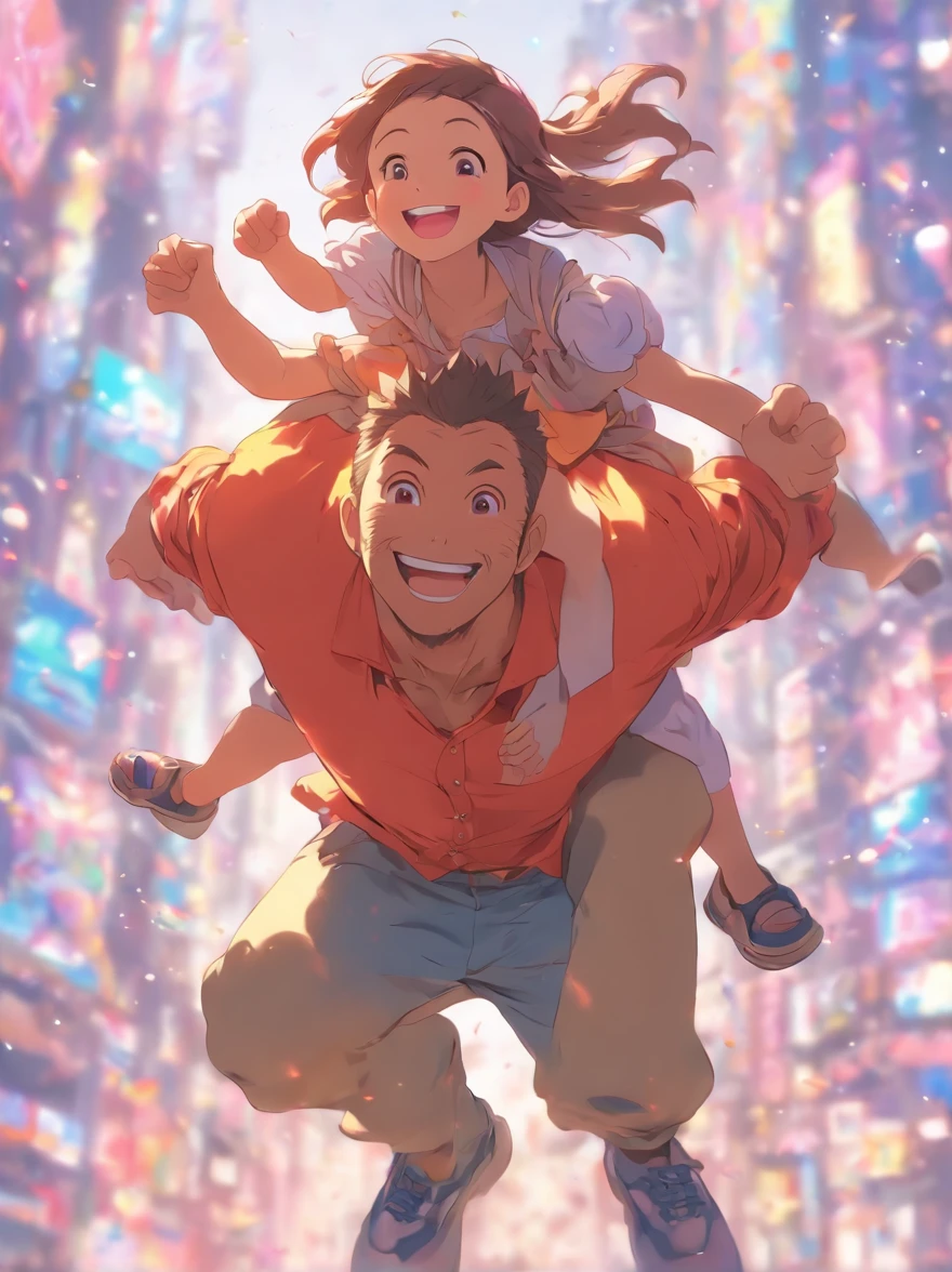 illustration of Father and daughter on good terms, girl riding on father's shoulders, happy, smile, cutecore, deformed style,white background
