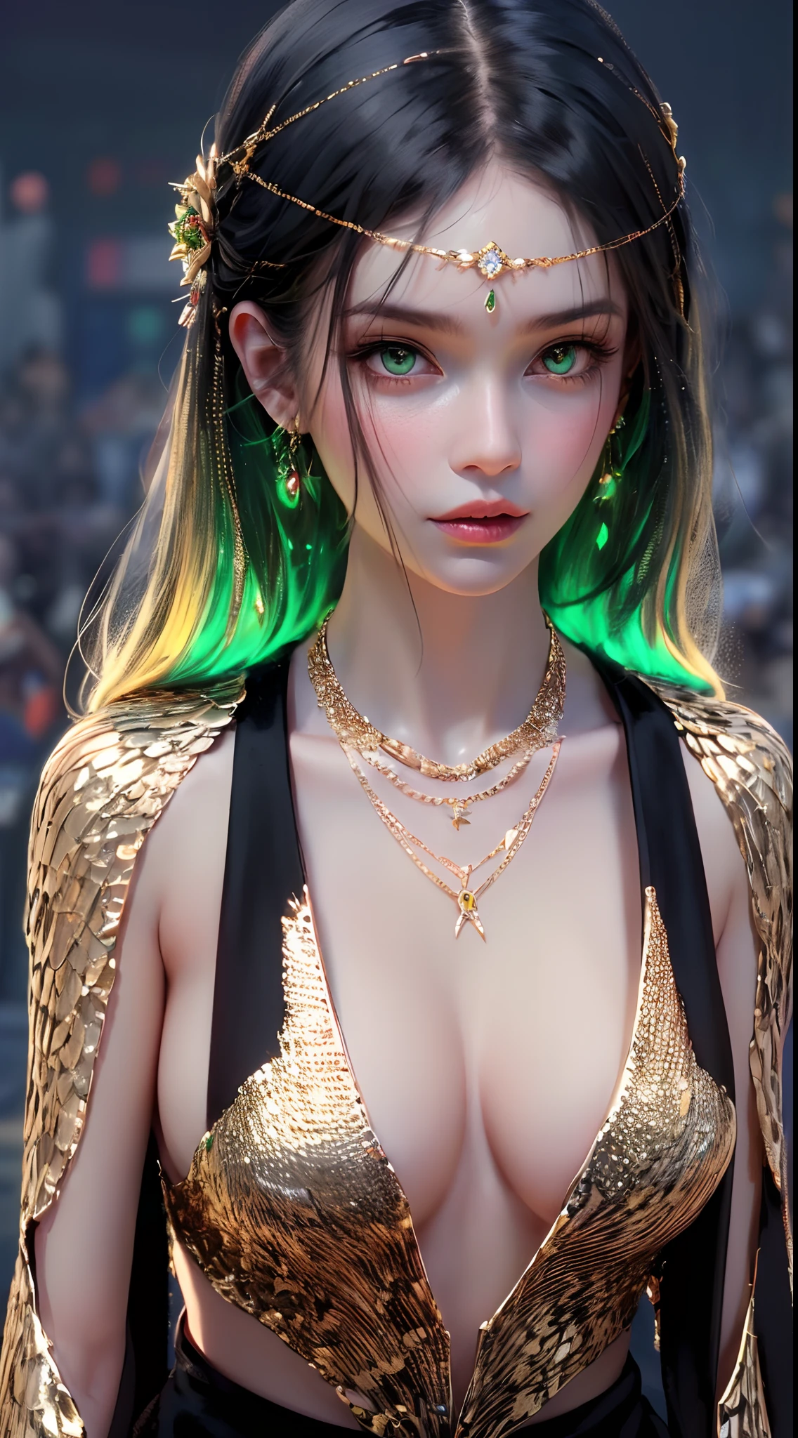 1 beautiful young princess, ((beautiful princess no longer a child:1.8)), ((wearing a black armored dress with gold trim in ancient hanfu style:1.6)), (((Exquisite patterns on the skirt:1.6))), ((braided hair with long black bangs: 1.6)), ((long bangs:1.6)), ((hair jewelry:1.9)), ((upper body gold jewelry:1.9)), ((Very delicate gold necklaces:1.7)), ((earrings with emeralds:0.8)), noble, noble style of an extremely beautiful girl, super cute little face, very pretty face, fur thin eyebrows, flawless beautiful face, ((black eye pupils: 0.8)), very beautiful eyes, ((green eyes eyes: 1.6)), beautiful makeup and detailed hairdo, eyelashes, eye makeup wet, high nose, earrings, red lips, ((closed mouth: 1;5 )) beautiful lips, slim hands, ((arms spread out to the sides: 1.7)), rosy face, clean face, flawless beautiful face, smooth white skin, firm breasts, nice cleavage, ((super big and round breasts: 1.6)), beautiful breasts, perfect body, ((Sit back and puff out your chest, arms behind you:1.6)), 8k photos, super high quality, super realistic, super 10x pixels, optical, bright studio, bright edges, two-tone lighting, (high detail skin:1.2), super 8k, soft lighting , high quality, volumetric light, optical, optical high resolution, light, best photo, 4k, 8k quality, blur effect, smooth sharpness, 10 x pixels, ((beach at night background:1.5)), aurora, lightning, super realistic graphics, most realistic graphics, alone, solo, Extremely sharp, surreal images, (((frontal portrait: 1.3)))."