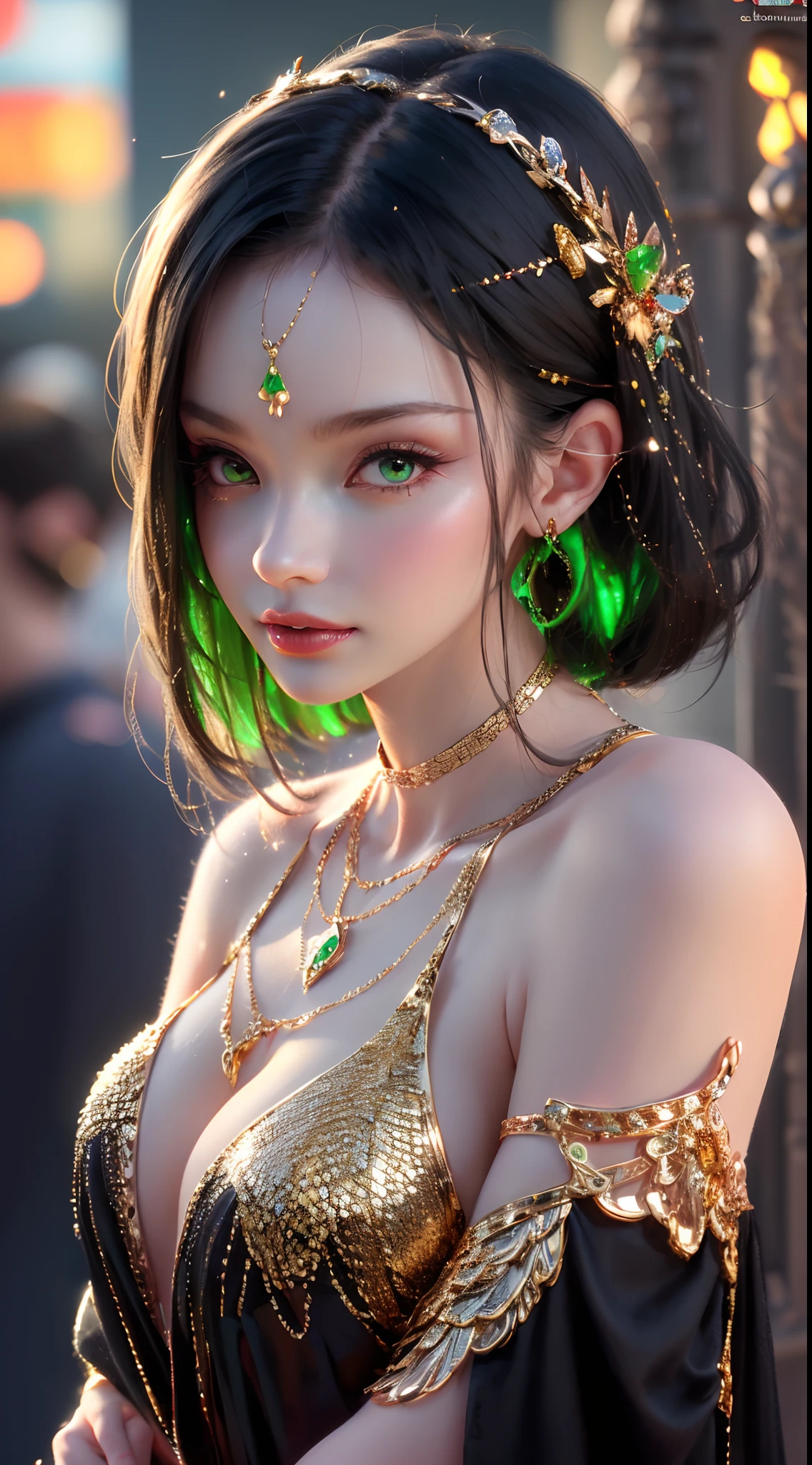 1 beautiful young princess, ((beautiful princess no longer a child:1.8)), ((wearing a black armored dress with gold trim in ancient hanfu style:1.6)), (((Exquisite patterns on the skirt:1.6))), ((braided hair with long black bangs: 1.6)), ((long bangs:1.6)), ((hair jewelry:1.9)), ((upper body gold jewelry:1.9)), ((Very delicate gold necklaces:1.7)), ((earrings with emeralds:0.8)), noble, noble style of an extremely beautiful girl, super cute little face, very pretty face, fur thin eyebrows, flawless beautiful face, ((black eye pupils: 0.8)), very beautiful eyes, ((green eyes eyes: 1.6)), beautiful makeup and detailed hairdo, eyelashes, eye makeup wet, high nose, earrings, red lips, ((closed mouth: 1;5 )) beautiful lips, slim hands, ((arms spread out to the sides: 1.7)), rosy face, clean face, flawless beautiful face, smooth white skin, firm breasts, nice cleavage, ((super big and round breasts: 1.6)), beautiful breasts, perfect body, ((Sit back and puff out your chest, arms behind you:1.6)), 8k photos, super high quality, super realistic, super 10x pixels, optical, bright studio, bright edges, two-tone lighting, (high detail skin:1.2), super 8k, soft lighting , high quality, volumetric light, optical, optical high resolution, light, best photo, 4k, 8k quality, blur effect, smooth sharpness, 10 x pixels, ((beach at night background:1.5)), aurora, lightning, super realistic graphics, most realistic graphics, alone, solo, Extremely sharp, surreal images, (((frontal portrait: 1.3)))."