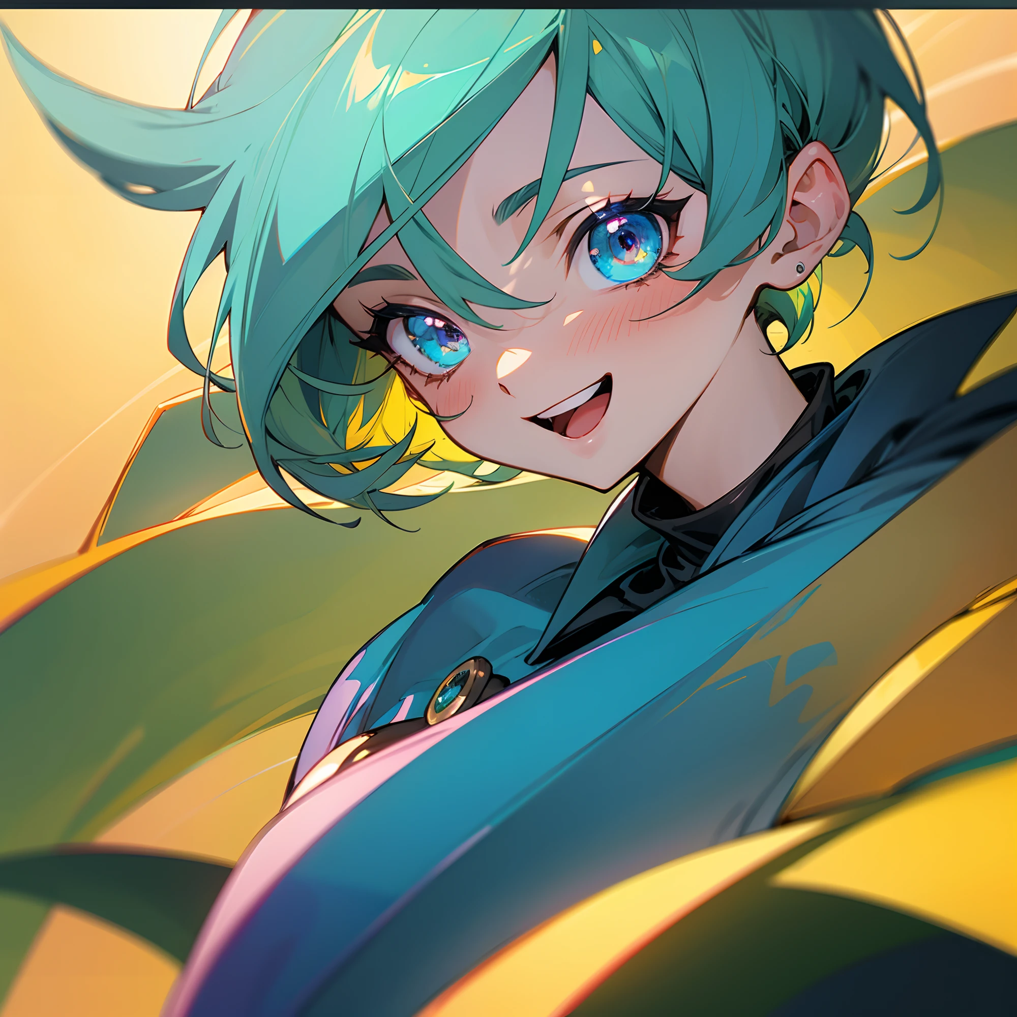 Dark Magician Girl、1 person、(highly detailed back ground:1.0)、(highly detailed back ground:1.0)、masterpiece、top-quality、超A high resolution、8K、Cruising Up、short-hair、frombelow、looking in camera、(1/2 emerald green and 1/2 Yellow hair)、BREAK、Detailed skin、glowy skin、(Detailed eyes、Blue eyes)、Burning cheeks、(Laughing:1.4)、Large breasts