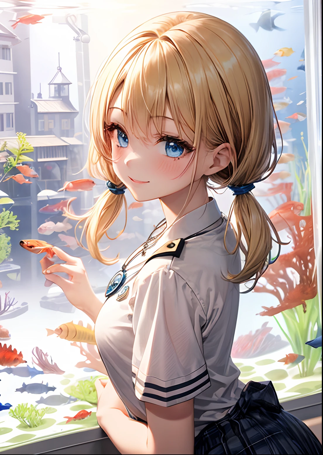 absurderes, ultra-detailliert,bright colour, extremely beautiful detailed anime face and eyes, (1girl in:1.8),(Aquarium Date:1.5),Admire the aquarium,(From Side),upper body,A lot of fish swim in the aquarium,Happy smile,shiny_skin,25 years old, , (Light white uniform、Black socks、plaid skirts)、(Short hair, , asymmetrical bangs, Blonde hair with short twin tails):1.2,Shiny hair, Delicate beautiful face, red blush、(Deep Blue Eyes:1.3)、Small necklace、(Domed building:1.2)、a lot of people