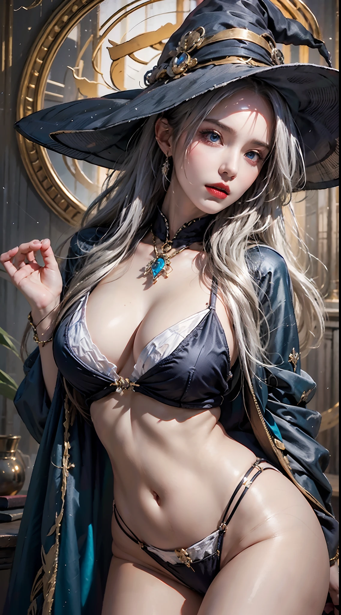 photorealistic, high resolution, soft lights, 1women, solo, hips up, blue eyes, witch robe, witch clothing
