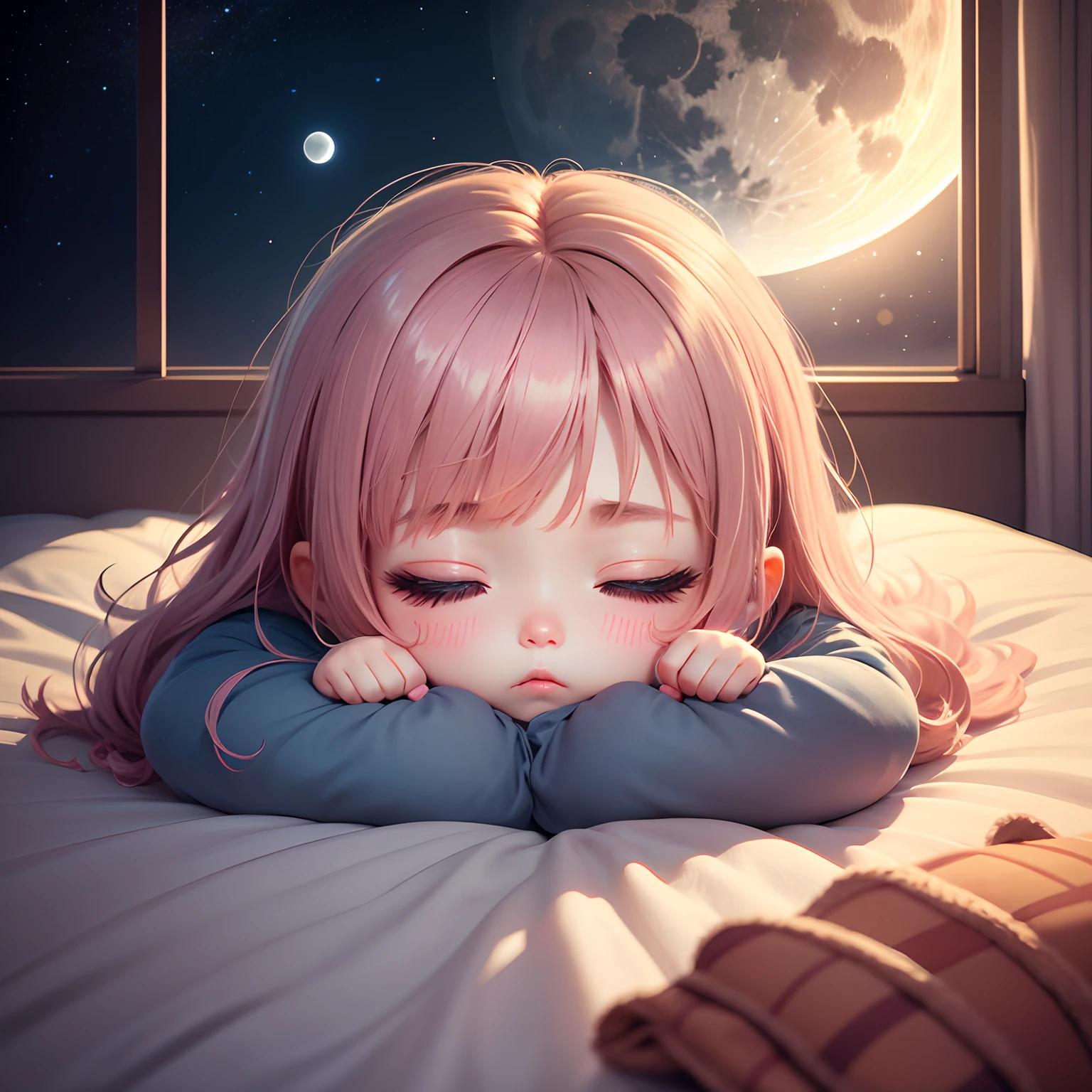 masterpiece、top-quality、ultra-detailliert、(Chibi Chara's Daughter:1.2)、Chibi Bed、night wear、closing eye、Sleeping、The bed is what you sleep in、dim room、Moonlight from the window