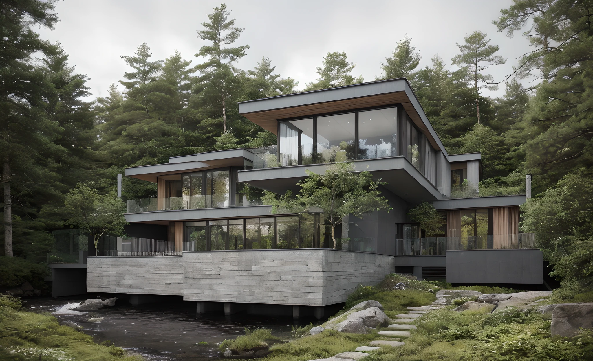 RAW photo,Masterpiece, high quality, best quality, authentic, super detail, exterior, outdoors, modern house , nordic house located in the forest, in front is a river, and a walkway on both sides , white wall, glass windows, gray roof, forest, trees, beautiful sky, grass, stone promenade, elevation viewday, vivid colour, vray, sunlight