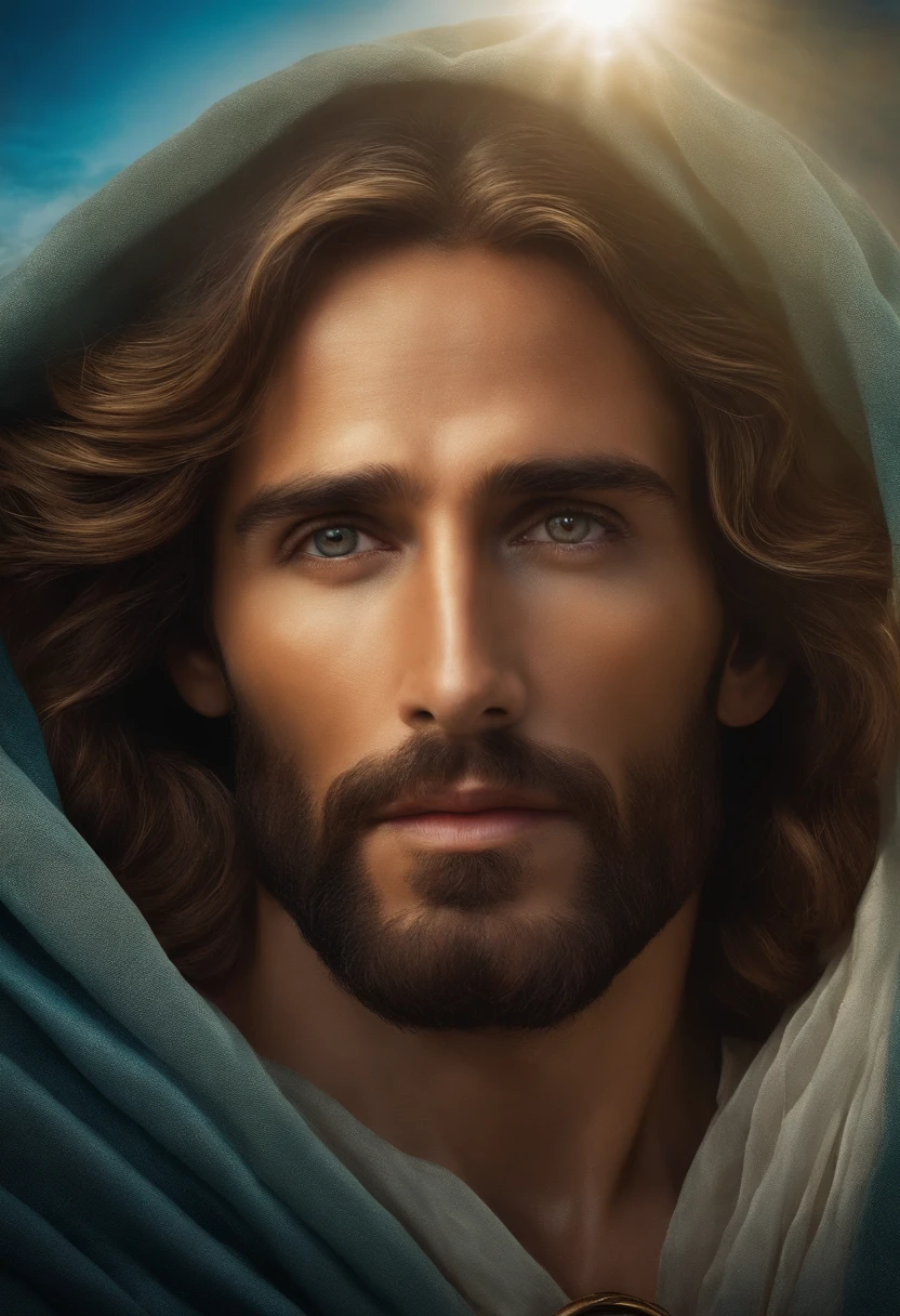 The face of Jesus Christ looks into the camera，There is a halo and the sea in the background