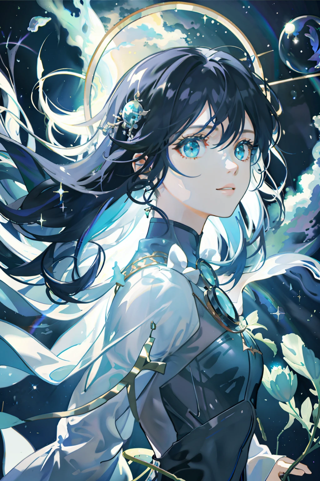 Masterpiece, Need for Good, 1 Female, Adult,, Dark Theme, Magic Array, Bubbles, Rainbow Sunshine, Underwater, Mirror, Floating Glass Sheets, Rainbow Light, Bubble Swirl, Wind Vortex, Aurora, Fantasy Landscape, Starlight Around Characters, (Upper body)