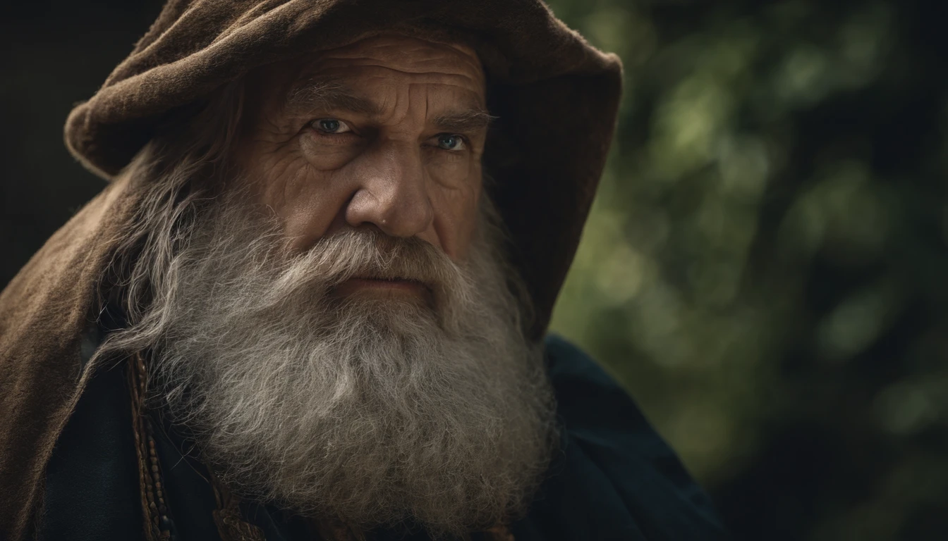 A portrait of a wizard, bearded, wrinkled, weathered, with piercing eyes, detailed face, high details, photography, dark studio, rim light, Nikon D850, 50mm, f/1.4
