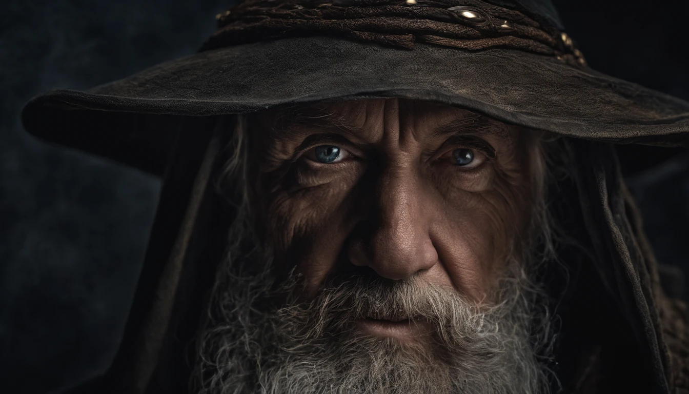 A portrait of a wizard, bearded, wrinkled, weathered, with piercing eyes, detailed face, high details, photography, dark studio, rim light, Nikon D850, 50mm, f/1.4
