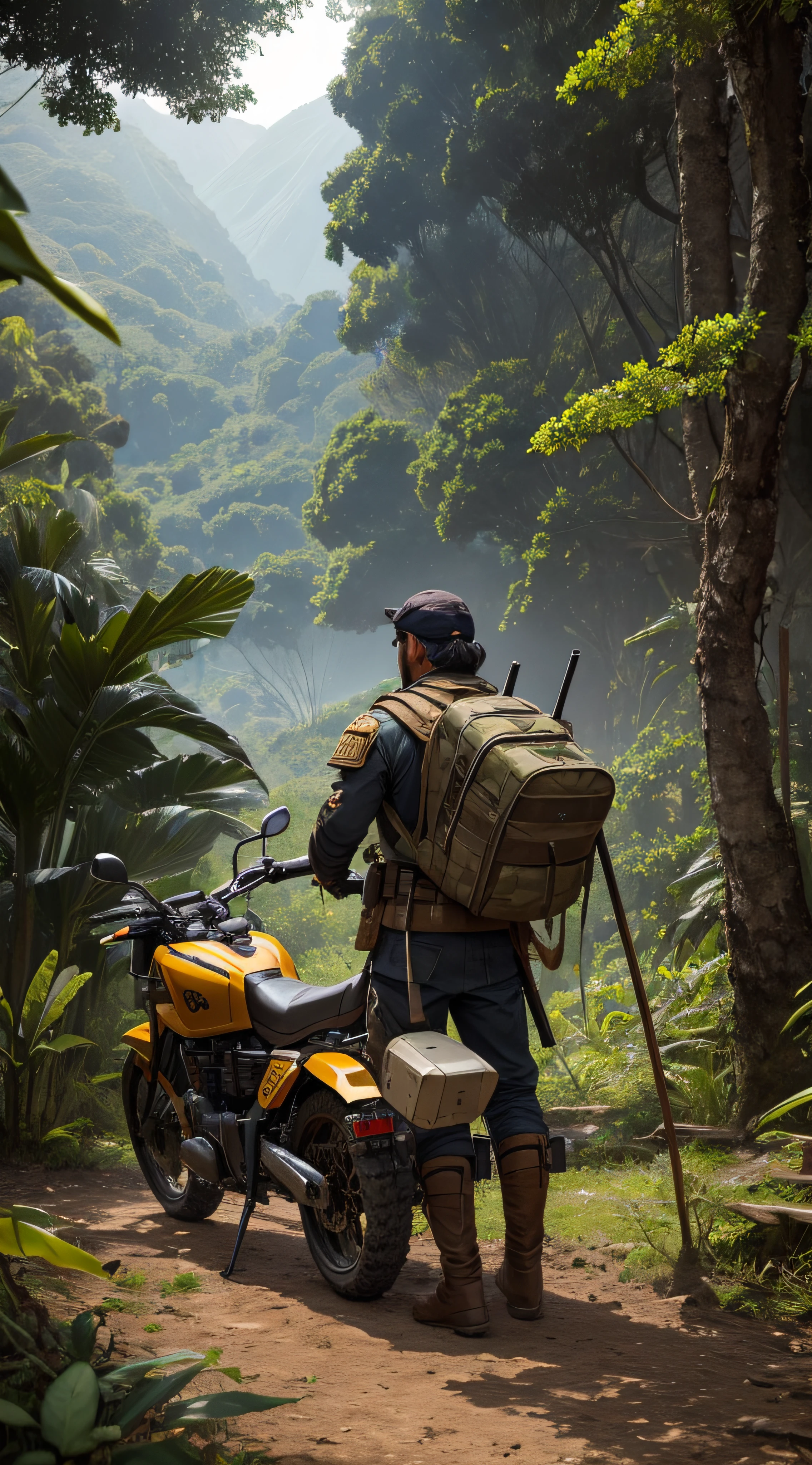 (extremadamente detallado, obra maestra, La mejor calidad, foto antigua, principios de siglo, VHS Aesthetics) Soldado con una armadura tecno. Armas grandes, cannons on his back. motosierras. pieles de animales. In the middle of a strange jungle. Vegetables from another dimension. Epic flowers far away, organic trees with meat. Luz noche.