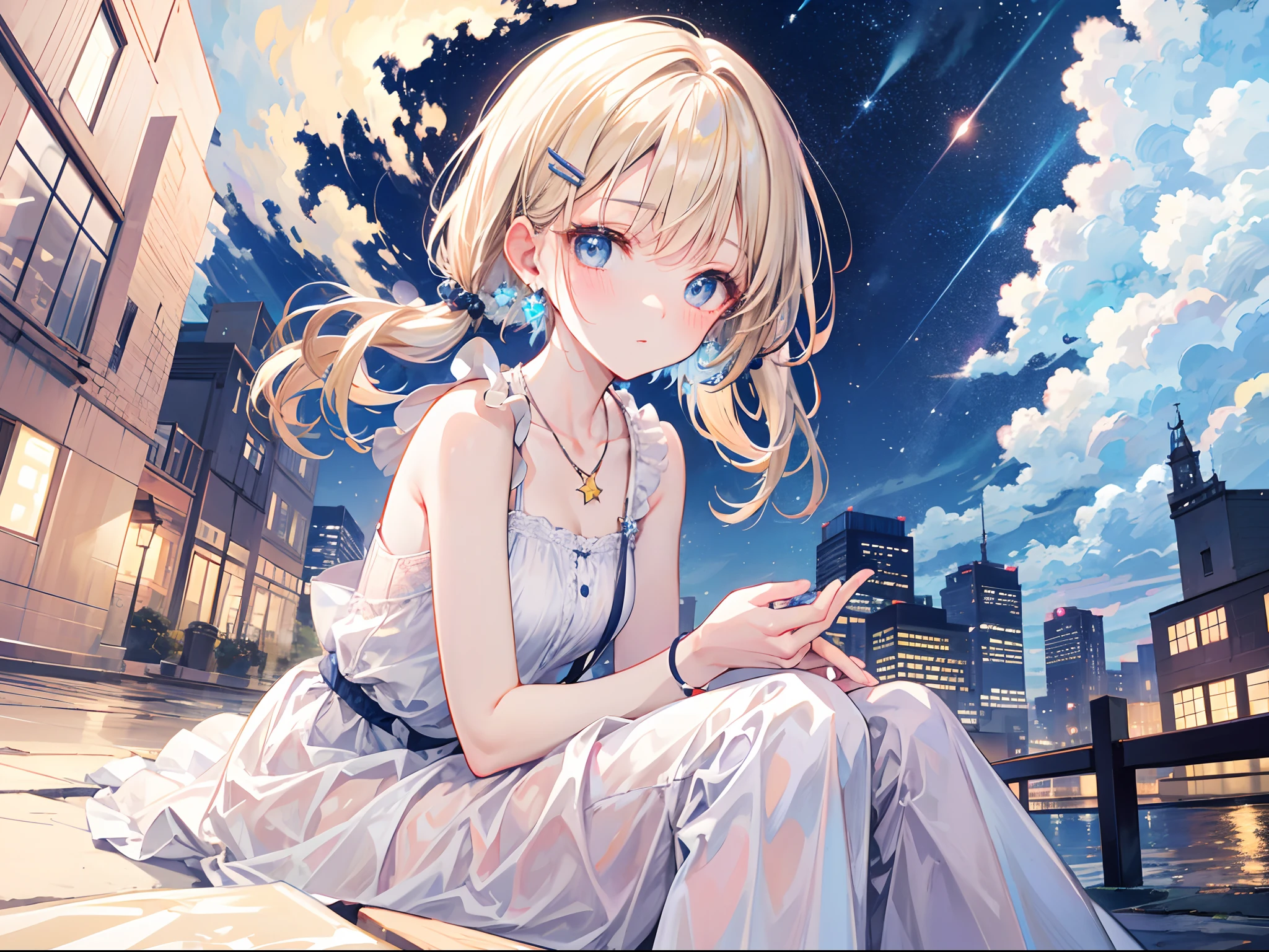 absurderes, ultra-detailliert,bright colour, extremely beautiful detailed anime face and eyes,octane, sky, Star (sky), scenery, Starry sky, Night, 1girll, Night sky, Solo, Outdoors, Building, Cloud, Milky Way, Sitting, tree, Long hair, City, Silhouette, Cityscape, Looking Up The Sky, 8K, Beautiful night sky, Ray tracing,  ,Short hair, , asymmetrical bangs, Blonde hair with short twin tails, Shiny hair, Delicate beautiful face, red blush、Blue eyes, White skin, hair clips, earrings, a necklace,
