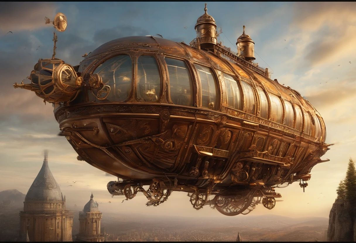 (Best Quality,4K,8K,hight resolution,masutepiece:1.2),from below looking up,Ultra-detailed,(Realistic,Photorealistic,Photorealsitic:1.37),nffsw,hyper HD,Studio Lighting,Ultra-fine painting,Sharp Focus,Physically-based rendering,extreme detail description,Professional,Vivid colors,Bokeh,sci-fy,the woods，Lilliput，elvish，Elven Airship,Big cities moving through the air,the panorama,No person