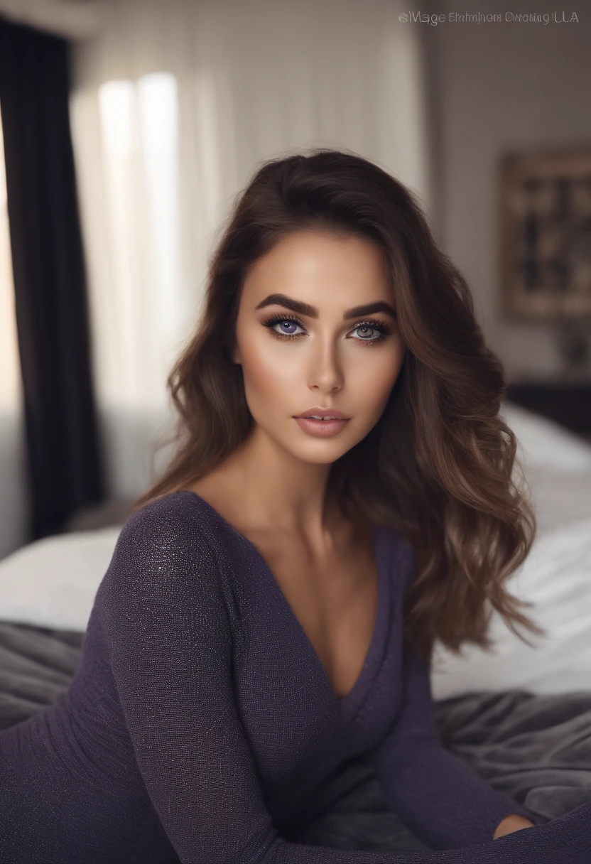 arafed frau mit schwarzen kleidern, Sexy girl with brown eyes, portrait sophie mudd, brown hair and big eyes, Selfie einer jungen Frau, Augen im Schlafzimmer, Violet Myers, ohne Make-up, Natural makeup, Blick direkt in die Kamera, Gesicht mit Artgram, dezentes Make-up, Stunning full body shot, im Schlafzimmer, Spaltung