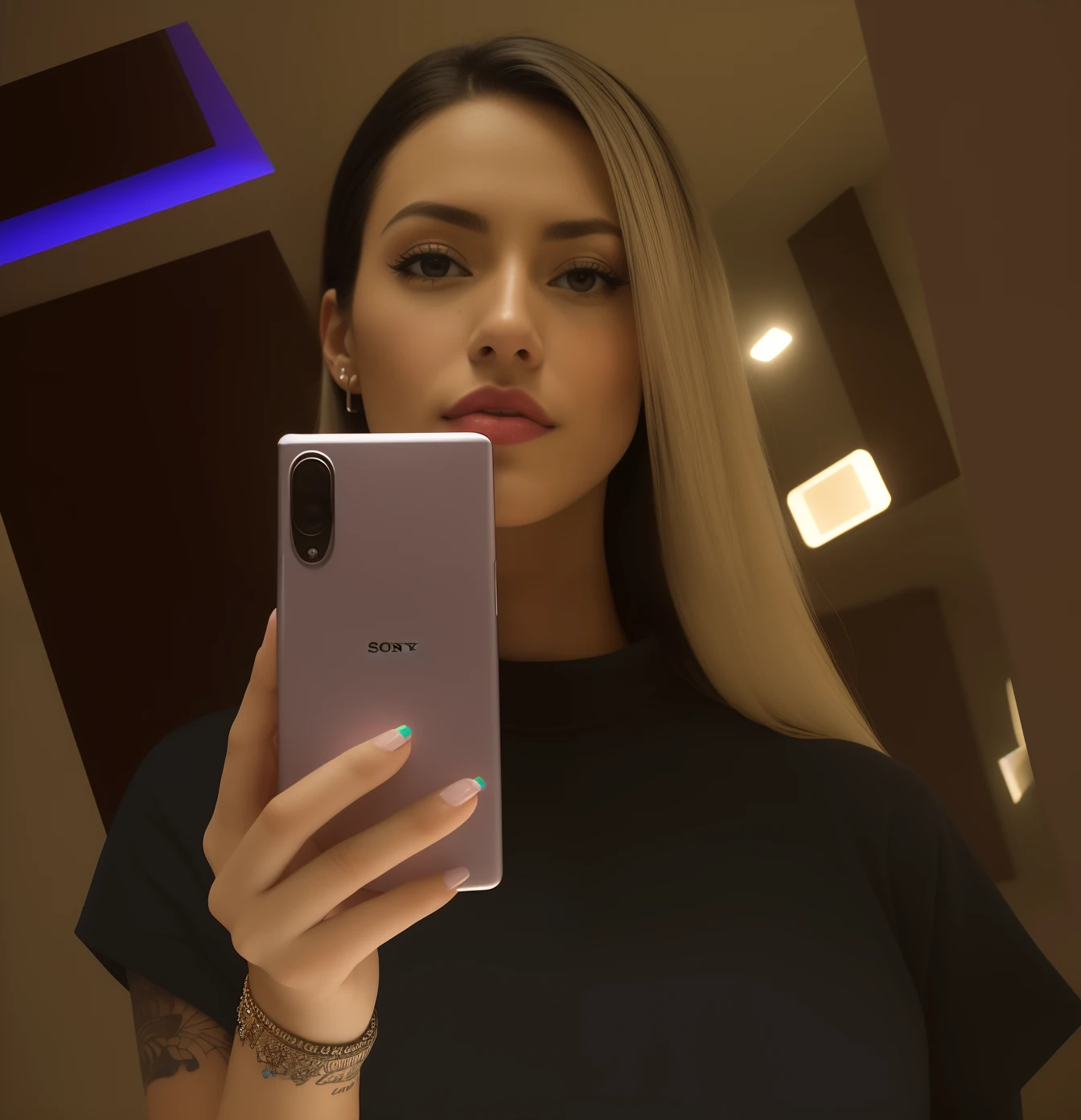there is a woman taking a selfie in a mirror doing a beak pose with her mouth It looks like Fabiula Nascimento, Ayahausca, Malika Favre, Marischa Becker, mulher de 30 anos, 3 0 anos de idade mulher, 2 3 anos, andrea rocha, fernanda suarez, 2 2 anos, 21 anos, angelawhite, imagem de perfil, ) Fotografia colorida RAW de alto detalhe, , o Iluminado ,(altamente detalhado, Hiperdetalhamento, Emaranhamento), (brilho da lente: 0,7), (florescer: 0,7), particle fx, Ray Traced, cinemac lighting, profundidade de campo rasa, fotografado com Sony a9 II, lente grande angular de 50mm, beautiful sharp focus , a tattooed left arm, Left arm tattooed Visibly,
