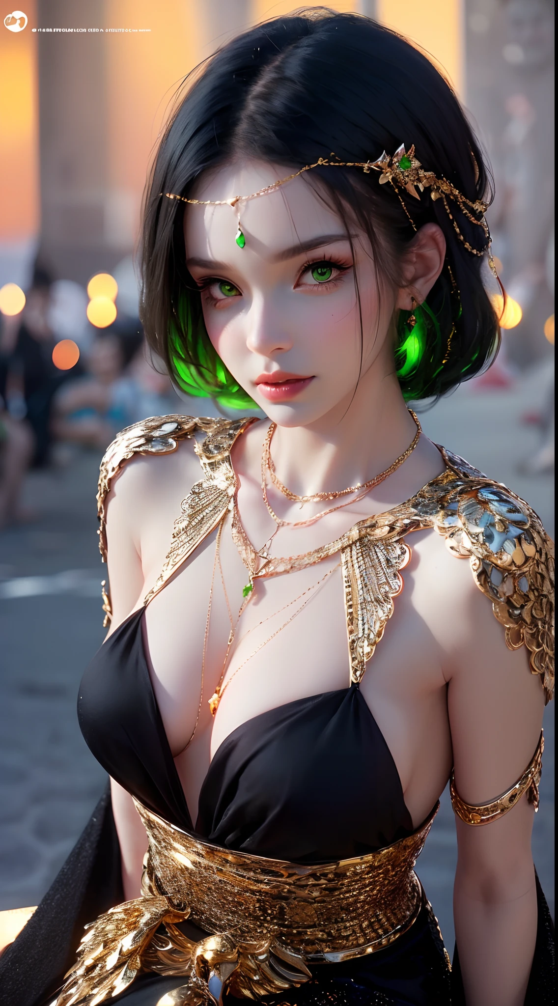 1 beautiful young princess, ((beautiful princess no longer a :1.8)), ((wearing a black armored dress with gold trim in ancient hanfu style:1.6)), (((Exquisite patterns on the skirt:1.6))), ((braided hair with long black bangs: 1.6)), ((long bangs:1.6)), ((hair jewelry:1.9)), ((upper body gold jewelry:1.9)), ((Very delicate gold necklaces:1.7)), ((earrings with emeralds:0.8)), noble, noble style of an extremely beautiful girl, super cute little face, very pretty face, fur thin eyebrows, flawless beautiful face, ((black eye pupils: 0.8)), very beautiful eyes, ((green eyes eyes: 1.6)), beautiful makeup and detailed hairdo, eyelashes, eye makeup wet, high nose, earrings, red lips, ((closed mouth: 1;5 )) beautiful lips, slim hands, ((arms spread out to the sides: 1.7)), rosy face, clean face, flawless beautiful face, smooth white skin, firm breasts, nice cleavage, ((super big and round breasts: 1.6)), beautiful breasts, perfect body, ((Sit back and puff out your chest, arms behind you:1.6)), 8k photos, super high quality, super realistic, super 10x pixels, optical, bright studio, bright edges, two-tone lighting, (high detail skin:1.2), super 8k, soft lighting , high quality, volumetric light, optical, optical high resolution, light, best photo, 4k, 8k quality, blur effect, smooth sharpness, 10 x pixels, ((beach at night background:1.5)), aurora, lightning, super realistic graphics, most realistic graphics, alone, solo, Extremely sharp, surreal images, (((frontal portrait: 1.3)))."