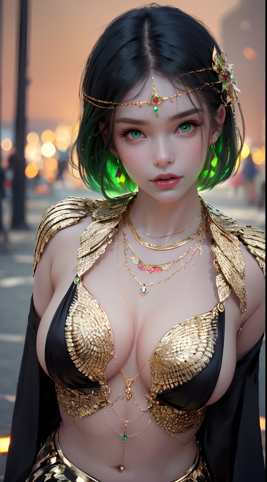 1 beautiful young princess, ((beautiful princess no longer a child:1.8)), ((wearing a black armored dress with gold trim in ancient hanfu style:1.6)), (((Exquisite patterns on the skirt:1.6))), ((braided hair with long black bangs: 1.6)), ((long bangs:1.6)), ((hair jewelry:1.9)), ((upper body gold jewelry:1.9)), ((Very delicate gold necklaces:1.7)), ((earrings with emeralds:0.8)), noble, noble style of an extremely beautiful girl, super cute little face, very pretty face, fur thin eyebrows, flawless beautiful face, ((black eye pupils: 0.8)), very beautiful eyes, ((green eyes eyes: 1.6)), beautiful makeup and detailed hairdo, eyelashes, eye makeup wet, high nose, earrings, red lips, ((closed mouth: 1;5 )) beautiful lips, slim hands, ((arms spread out to the sides: 1.7)), rosy face, clean face, flawless beautiful face, smooth white skin, firm breasts, nice cleavage, ((super big and round breasts: 1.6)), beautiful breasts, perfect body, ((Sit back and puff out your chest, arms behind you:1.6)), 8k photos, super high quality, super realistic, super 10x pixels, optical, bright studio, bright edges, two-tone lighting, (high detail skin:1.2), super 8k, soft lighting , high quality, volumetric light, optical, optical high resolution, light, best photo, 4k, 8k quality, blur effect, smooth sharpness, 10 x pixels, ((beach at night background:1.5)), aurora, lightning, super realistic graphics, most realistic graphics, alone, solo, Extremely sharp, surreal images, (((frontal portrait: 1.3)))."