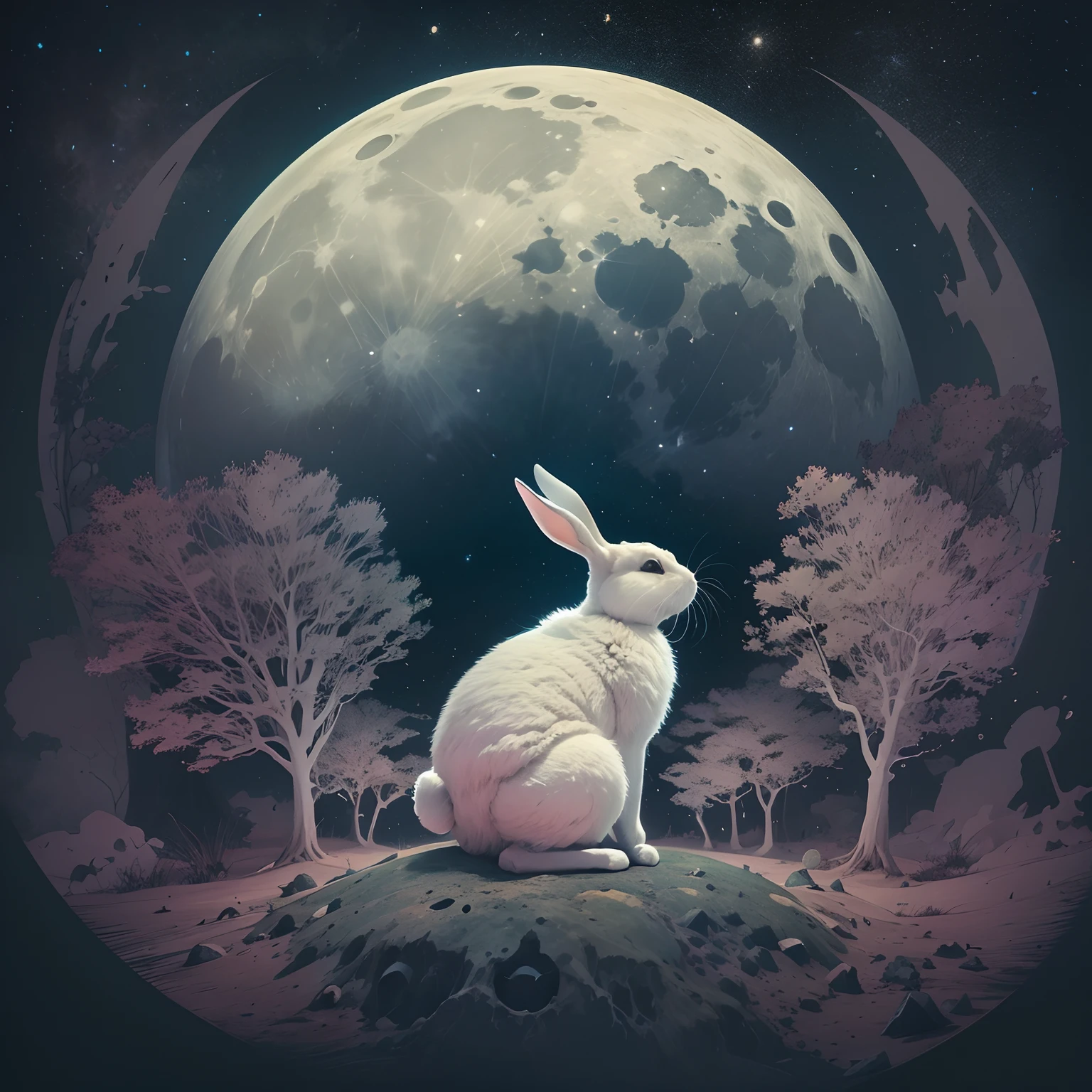 1 Rabbit Month，The rabbit blends into the moon，Moon superimposed with rabbit，Double exposure illustration，Huge Full Moon