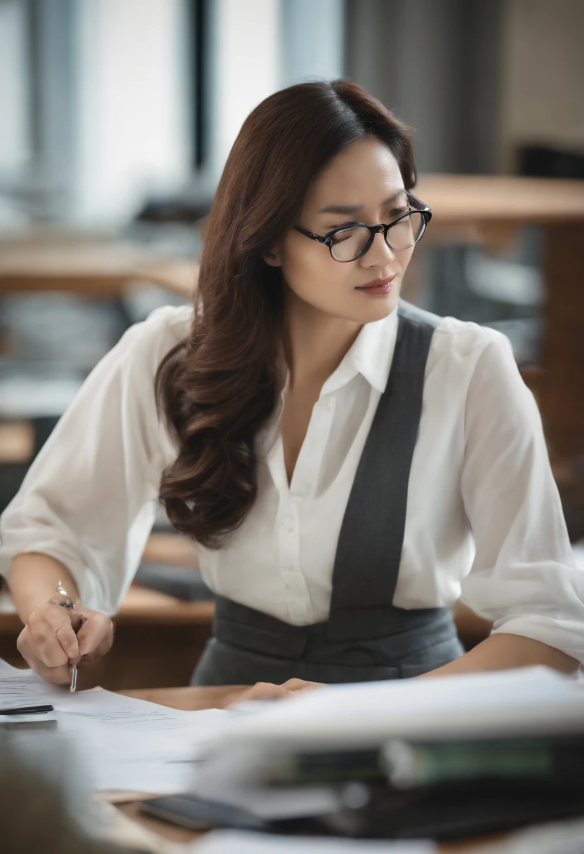 Asian Office Lady With Glasses Working