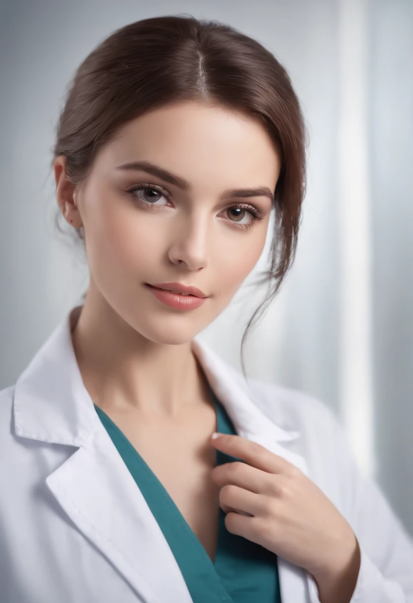 (High resolution image:1.4), Best quality, Professional photo, Very detailed, 8 k,  beautiful girl 2, cute, Perfect skin, (Long dark hair), Detailed eyes, big exposed breasts , Nipples visible and erect, split, (Wearing a light blue transparent shirt 13),  stethoscope,Rubber gloves