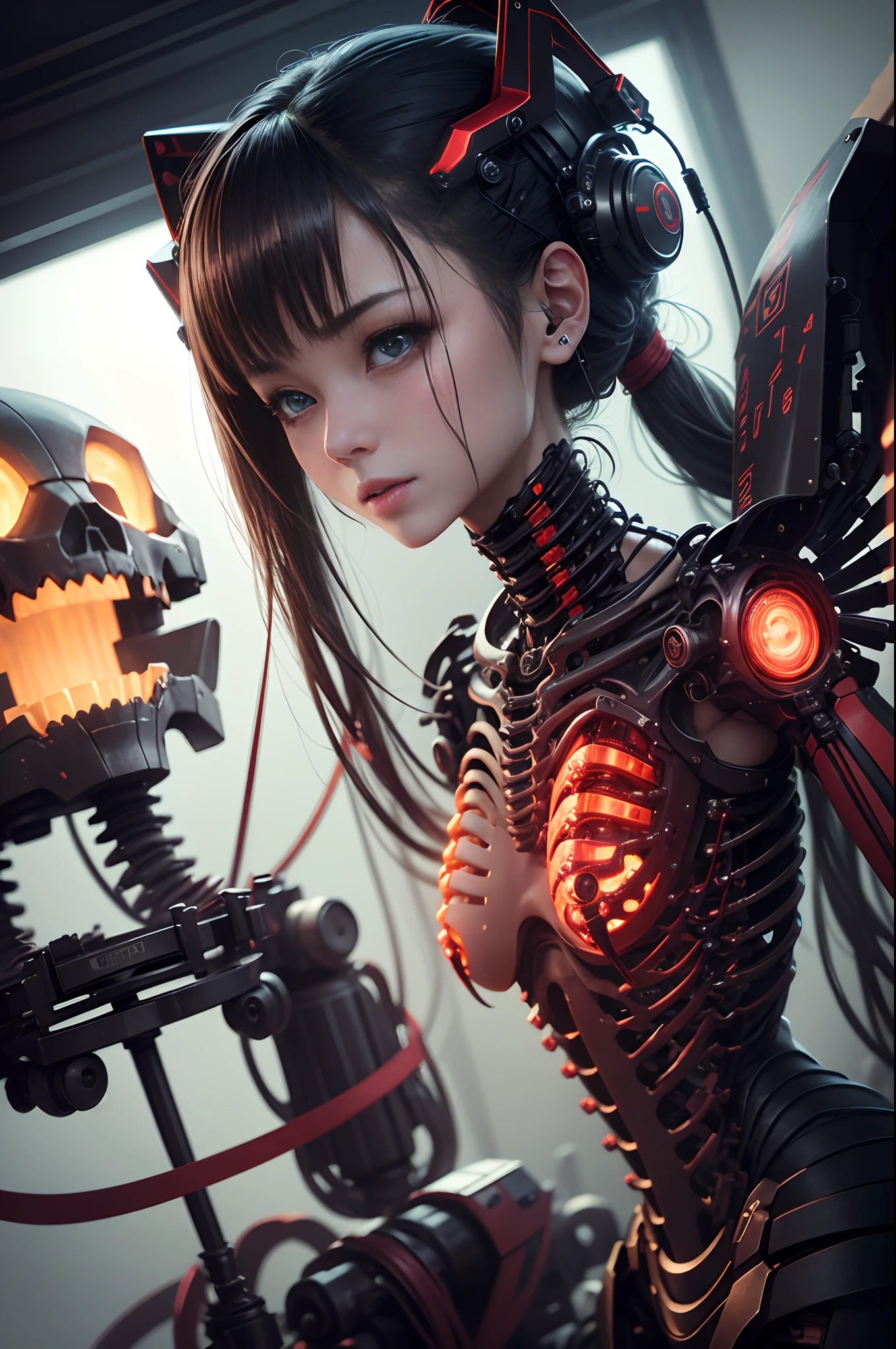 1 Mechanical Lady in the middle of production、((super realistic details))、portlate、globalillumination、Shadow、octan render、8K、ultrasharp、metals、Details of complex ornaments、cold color、Egyptian Detail、Internal skeleton frame　highly intricate detail、Realistic light、CGSoation Trends、radiant eyes、Facing the camera、neon details、Mechanical limbs、blood vessels connected to tubes、Mechanical vertebrae attached to the back、mechanical cervical attaching to neck、sitting on、Wires and cables connecting to the head　超A high resolution　Mono eye glowing red　Upper body only