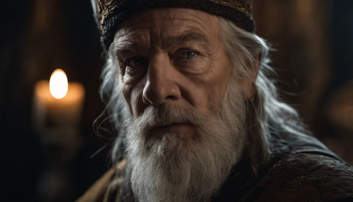 A portrait of a wizard, bearded, wrinkled, weathered, with piercing eyes, detailed face, high details, photography, dark studio, rim light, Nikon D850, 50mm, f/1.4