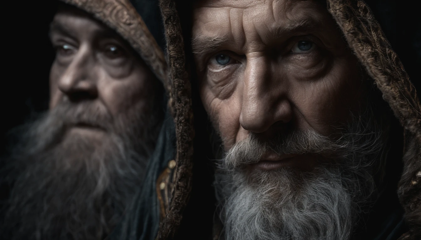 A portrait of a wizard, bearded, wrinkled, weathered, with piercing eyes, detailed face, high details, photography, dark studio, rim light, Nikon D850, 50mm, f/1.4