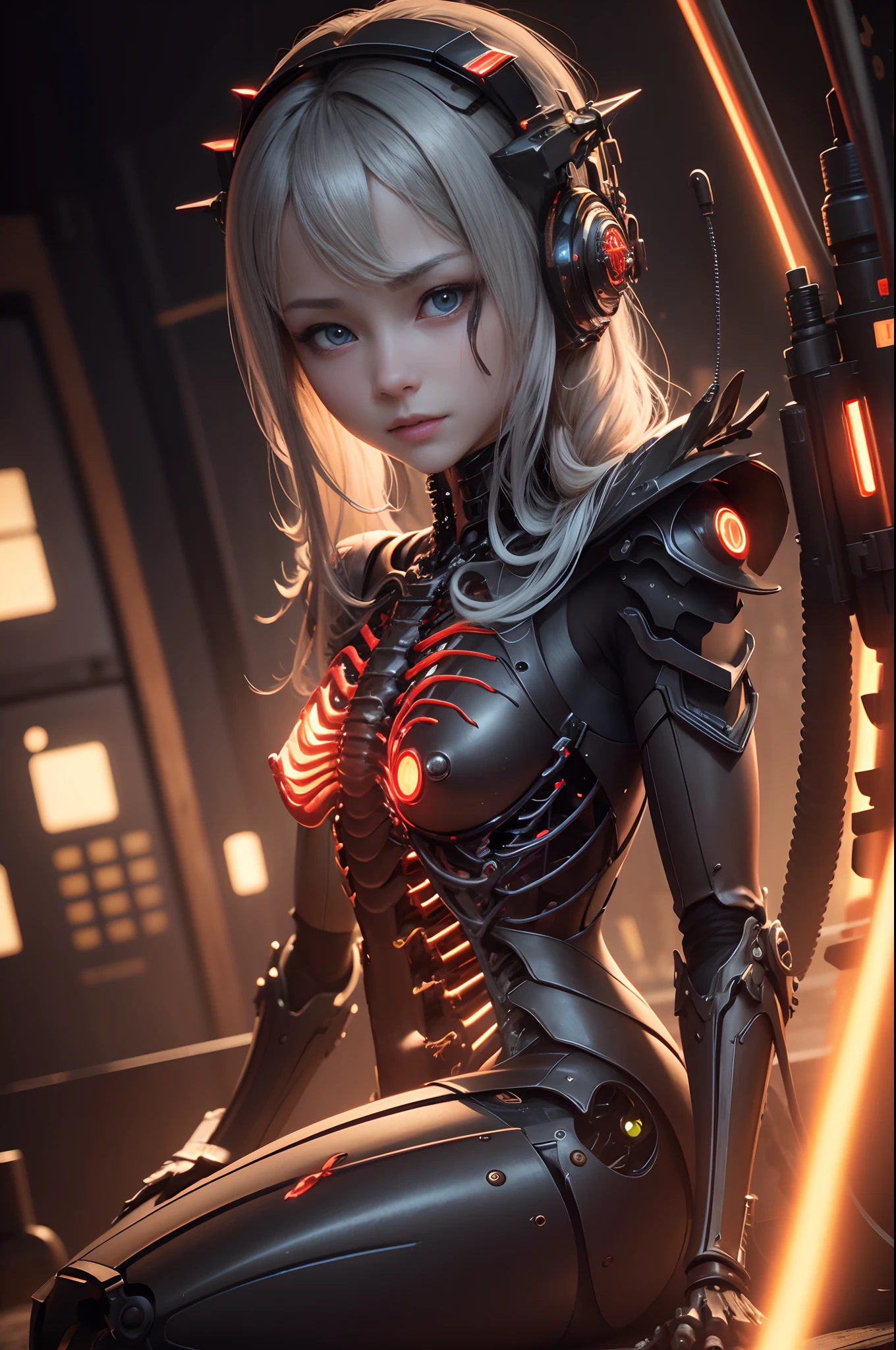 1 Mechanical Lady in the middle of production、((super realistic details))、portlate、globalillumination、Shadow、octan render、8K、ultrasharp、metals、Details of complex ornaments、cold color、Egyptian Detail、Internal skeleton frame　highly intricate detail、Realistic light、CGSoation Trends、radiant eyes、Facing the camera、neon details、Mechanical limbs、blood vessels connected to tubes、Mechanical vertebrae attached to the back、mechanical cervical attaching to neck、sitting on、Wires and cables connecting to the head　超A high resolution　Mono eye glowing red　Upper body only
