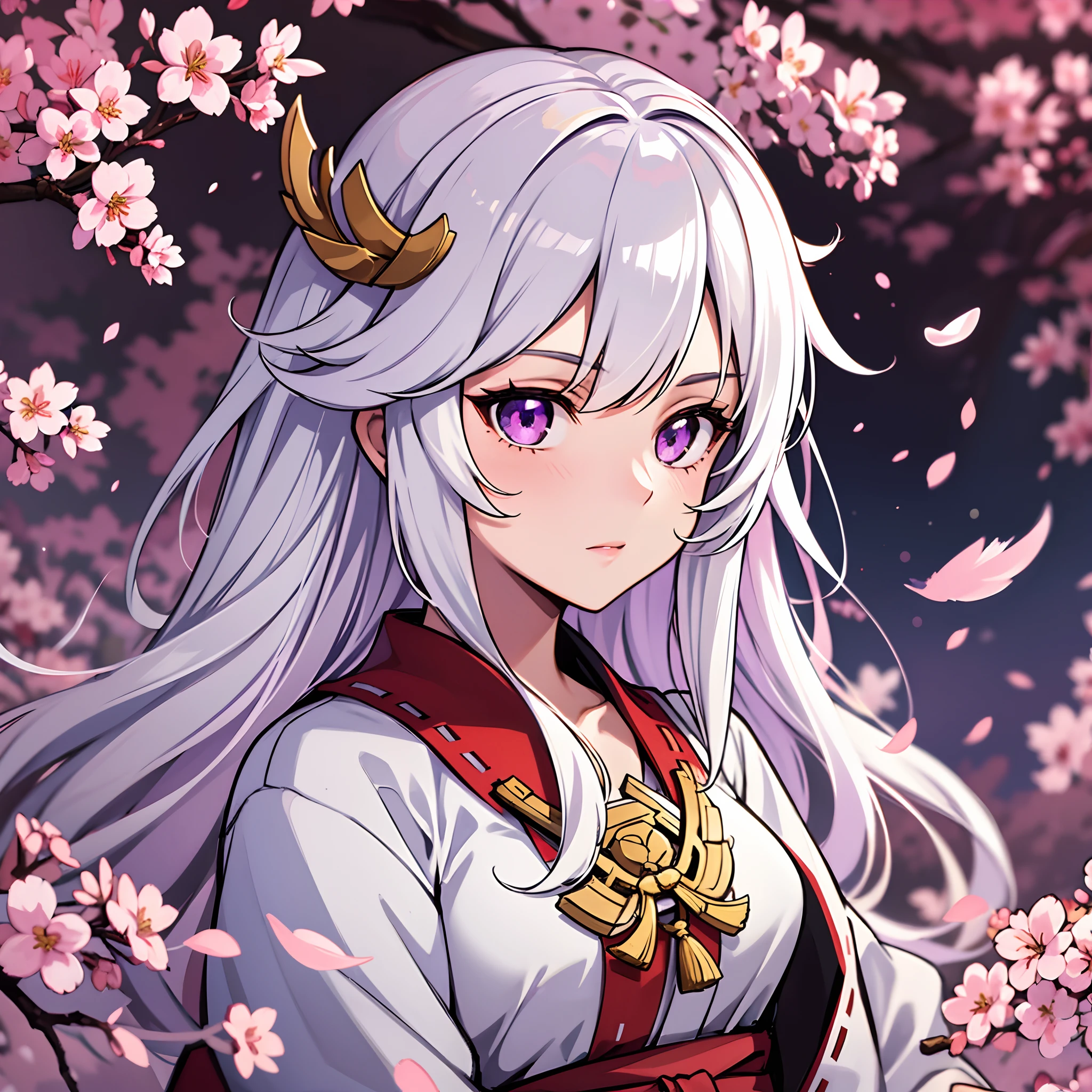 upper body, 1girl, white hair, Long Haired, purple eyes, (Miko), Gohei, big breats, wallpaper, cherry blossom tree background, light particles, Red fire,  (masterpiece), best quality