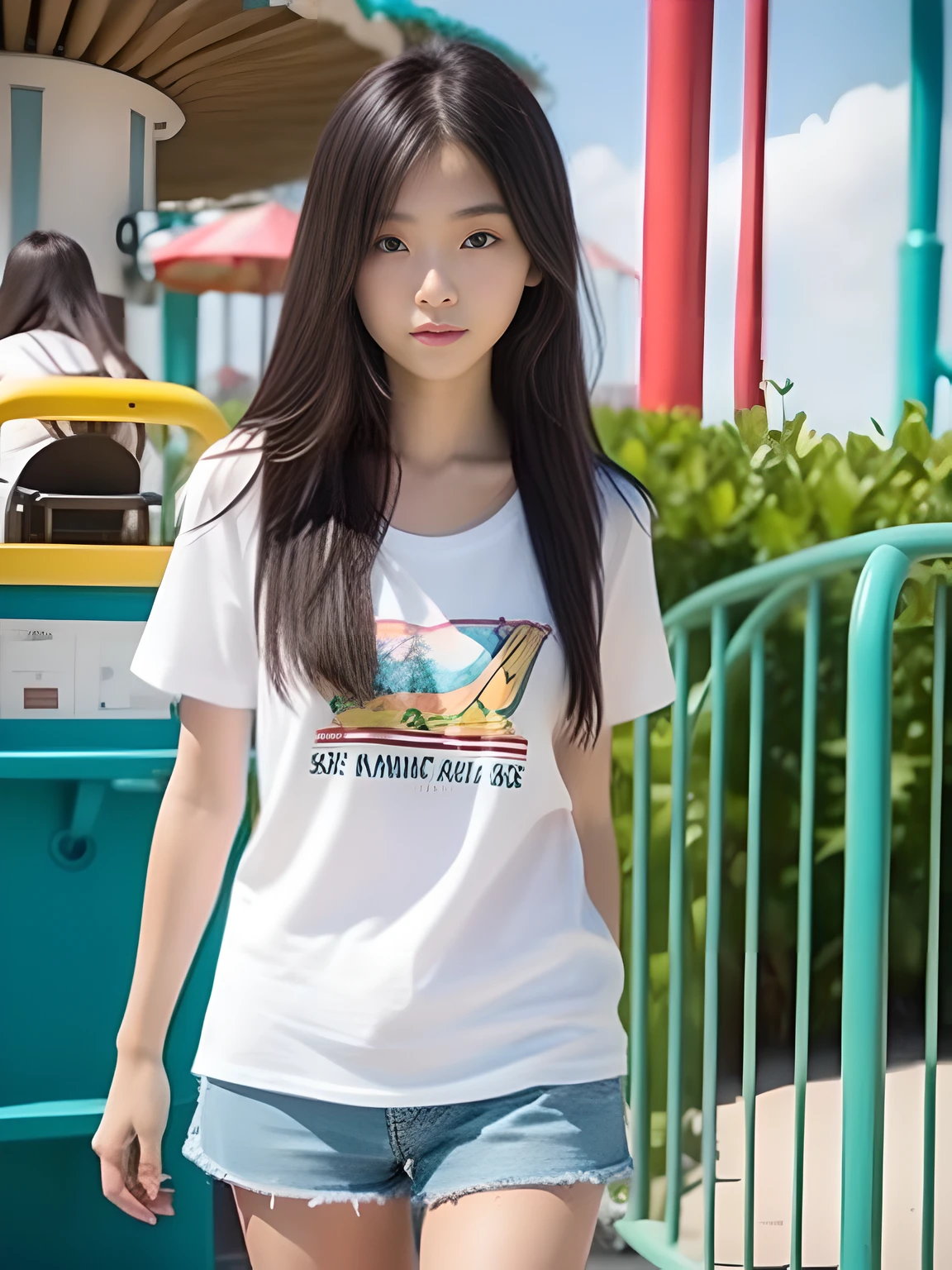 Looks Back，年轻，beach shorts，Long T-shirt，teens girl，Delicate body，petite body，Delicate body，small tits，tiny chest，A dark-haired，Very Longhair，An amusement park