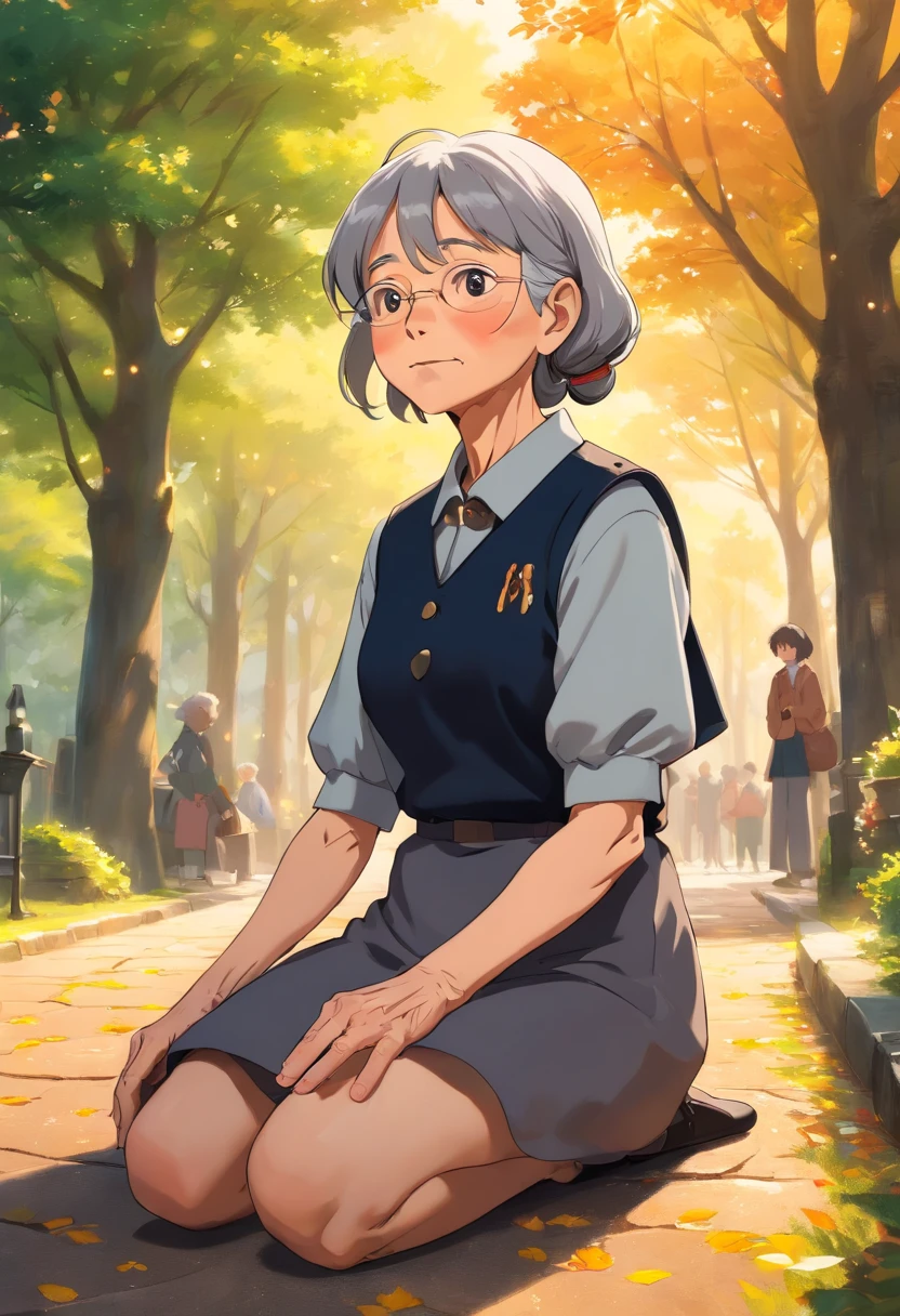 an old woman wearing black and gray uniform, sitting becauce she fell on the ground in a park, sunny camera view low angle, wide shot, (best quality, 4k, 8k, highres, masterpiece:1.2), ultra-detailed, realistic:1.37, HDR, UHD, studio lighting, extreme detail description, professional, vivid colors, bokeh, portraiture, oil on canvas, contrasting colors, warm tones, soft lighting