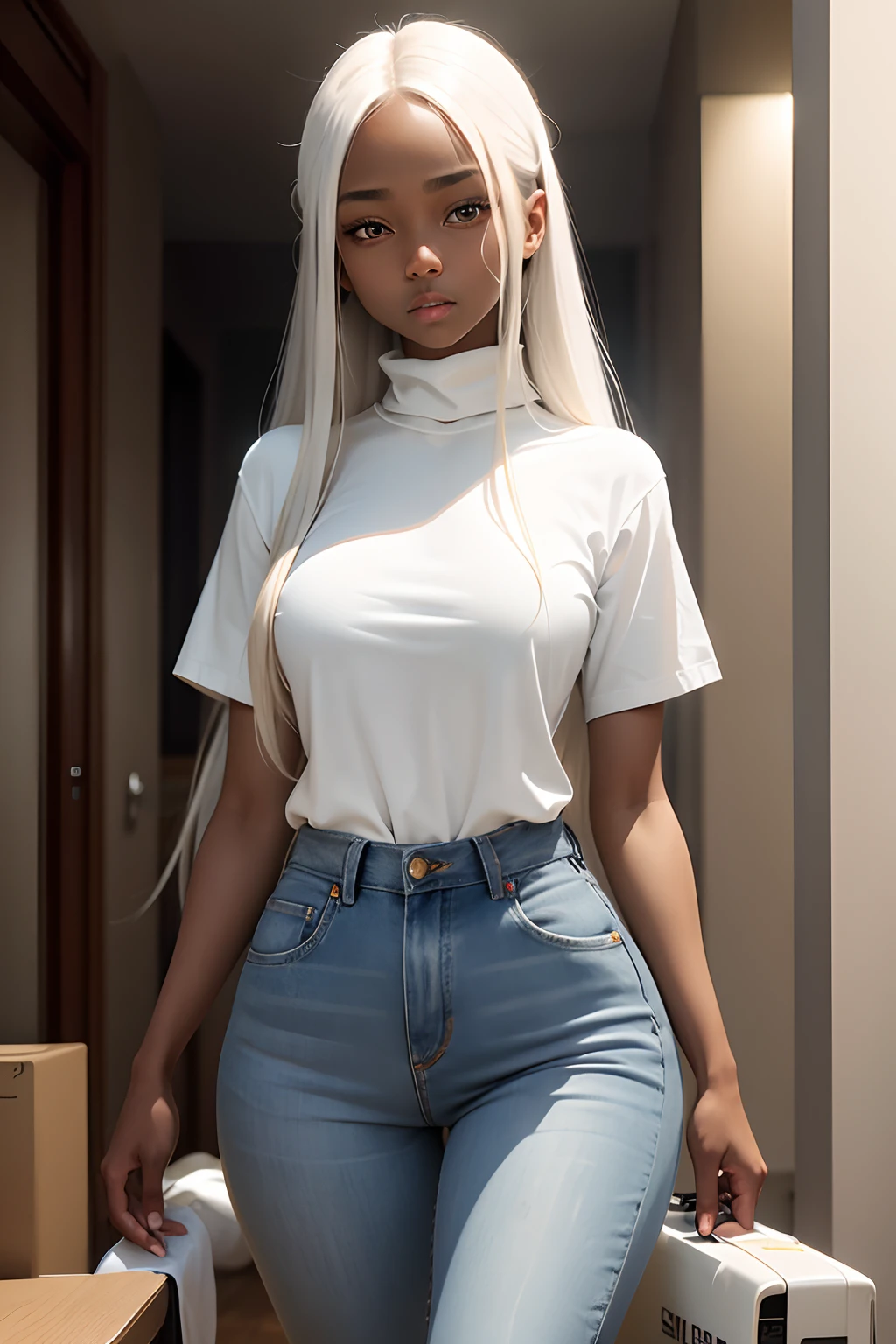 white straight long hair, grey round eyes, girl, rectangle body type, dark skin, round face, white turtle-neck shirt, blue jean