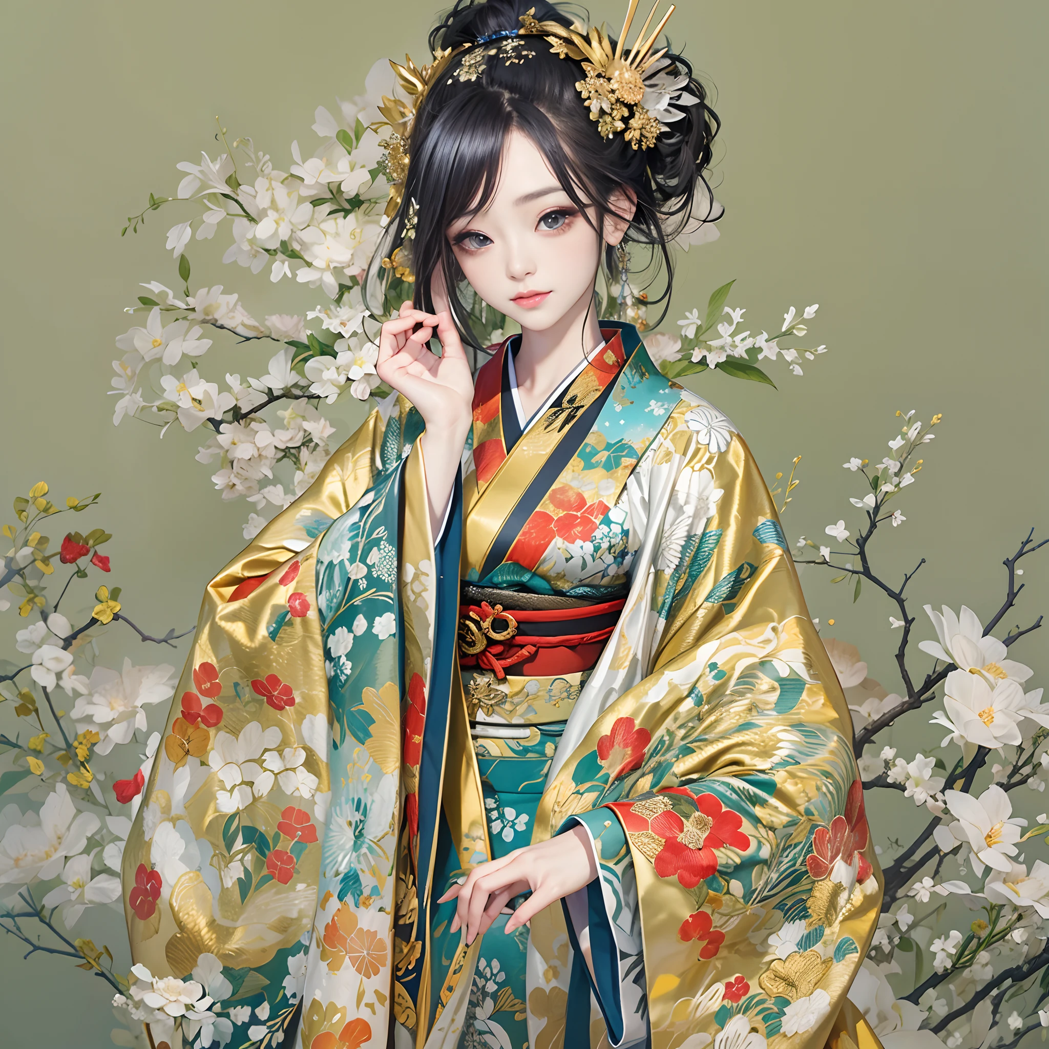 watching at viewers、Background with((ancient city:1.2)and the moon、(dense background:1.5))、BREAK {{{Luxury kimono(Colorful kimono(Detailed golden embroidery,))}}}、face perfect,Depict a beautiful and graceful woman of Japan,poneyTail、Woman with shiny black hair、perfect hand,Heart in the eye。odd eye,full body Esbian。 Wallpaper 8K, .Blur the background with a sickle,((masutepiece)), ((Best Quality))