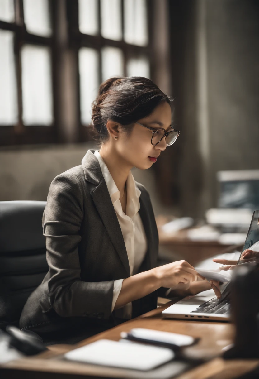 Young Asian Office Lady With Glasses Working