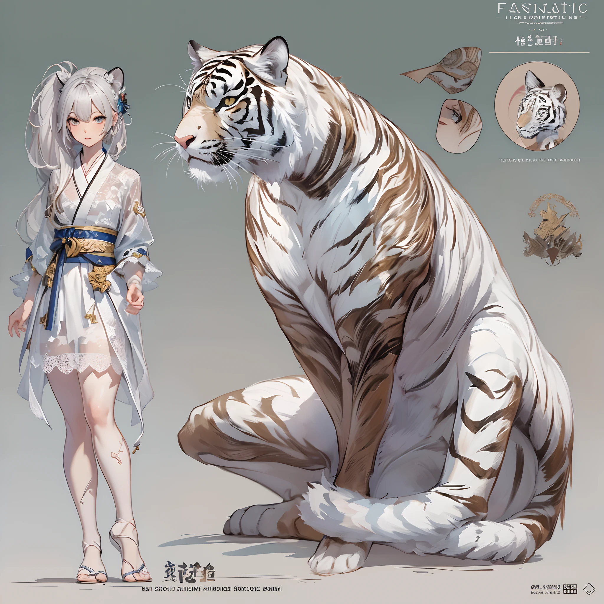 ((Masterpiece, Highest quality)), Detailed face, CharacterDesignSheet, full bodyesbian, Full of details, Multiple poses and expressions, Highly detailed, Depth,Martial arts girl,double-ponytail,the white tiger,estilo fantasia,Extremely beautiful,High Balance, Natural light, Lace,lacepantyhose,Sunny décor