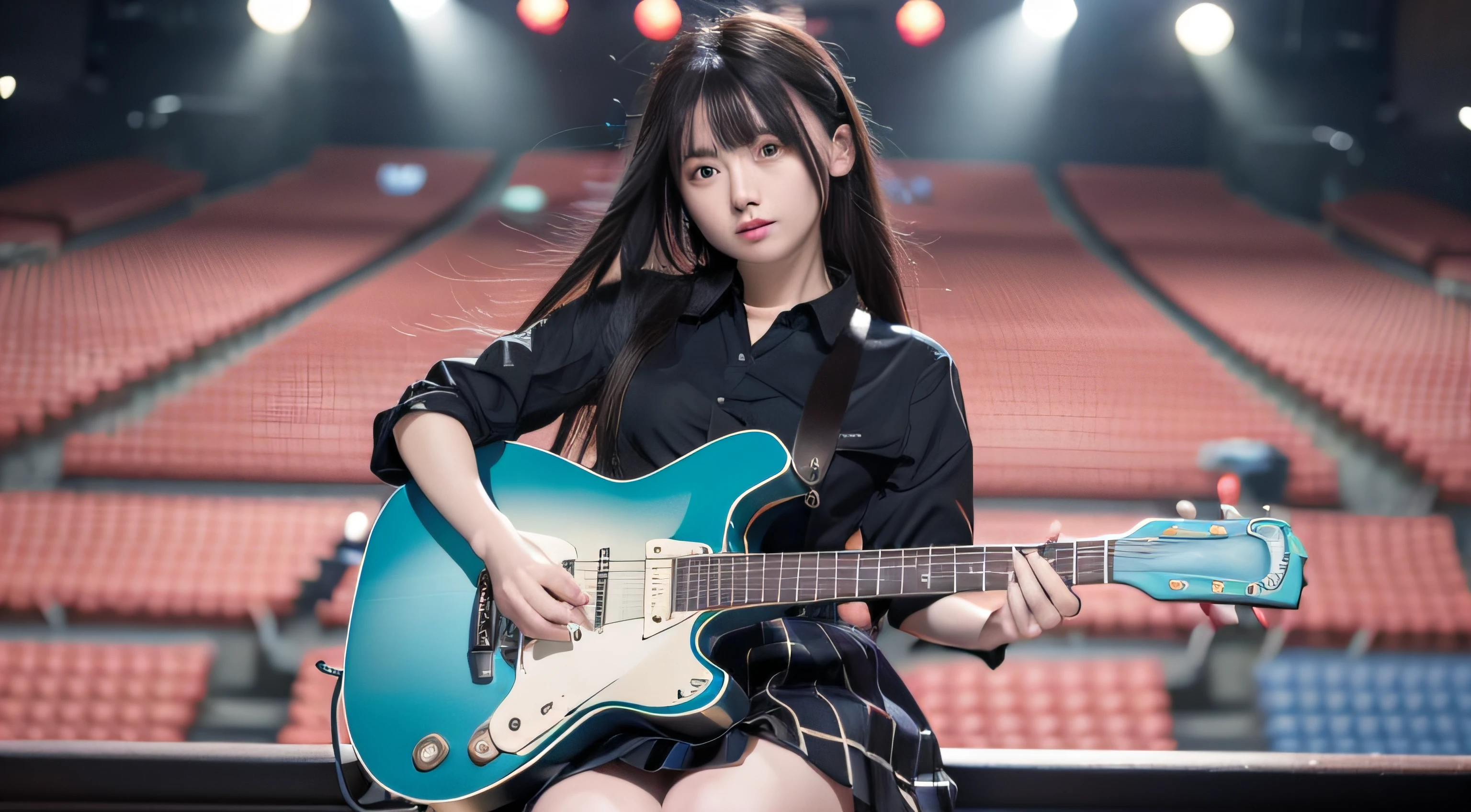 top-quality、8k picture、((masutepiece, Best Quality))1girl in, Solo, Black Dress, Blue eyes, electric guitar, Guitar, Holding, holding plectrum, musical instrument, Long hair, The music you play is rock, One side up, Teal Hair, Playing the Gita at the Budokan, Crowd full、Pleated skirt, Black shirt,