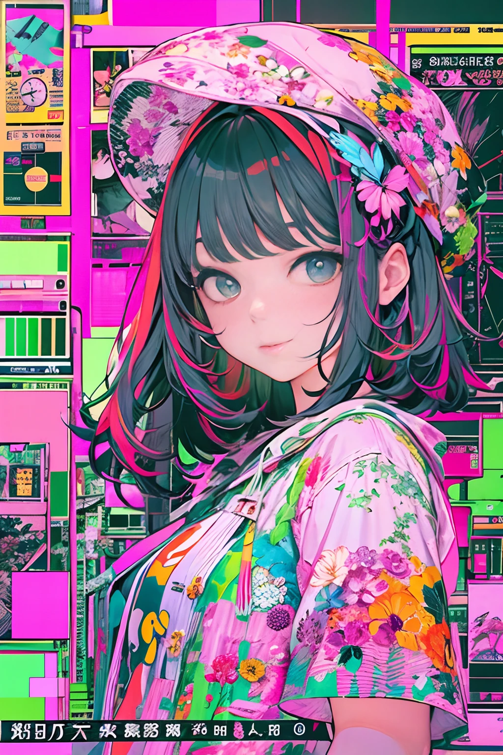 masterpiece、top-quality、ultra-detailliert、Official art、Beautifully Aesthetic、1girl in、glitch art:1.5、colourfull:1.5