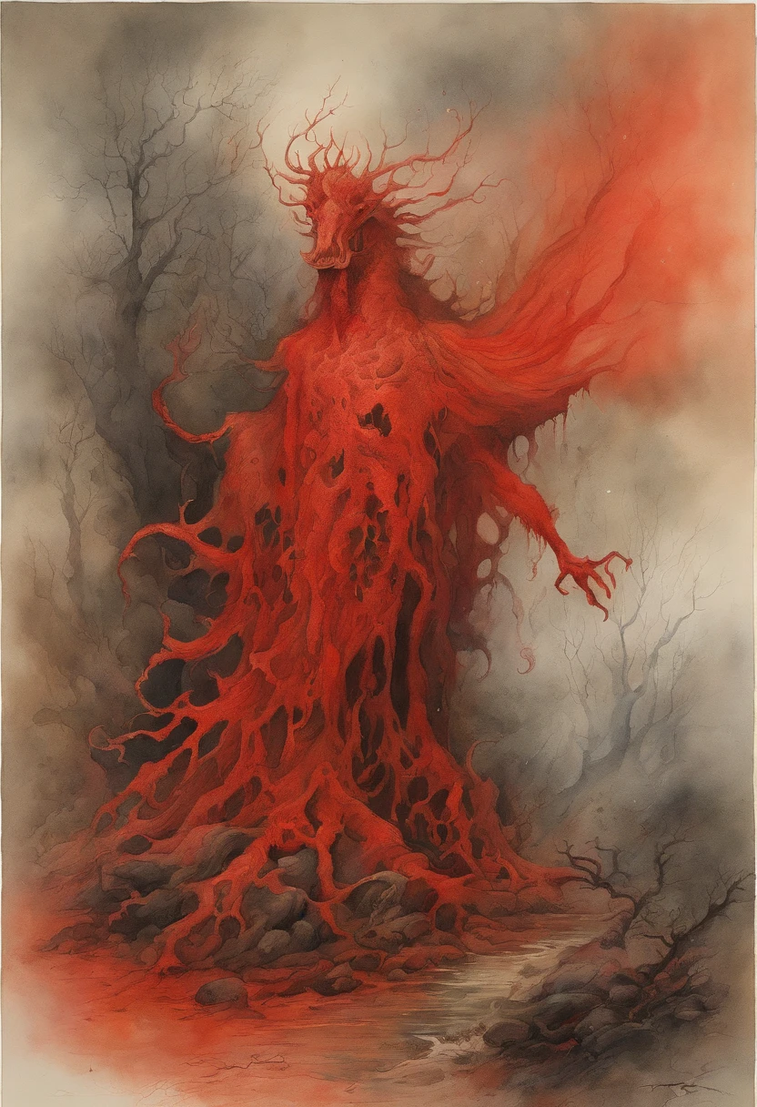Mythical creatures, author:Zdzislaw Beksiński and Vincent Van Gogh, Album cover, romantic, Surrealism, Futuristic ,Smiling Corpse, Coral, Wizard, Abstracted, dark, red, landscape