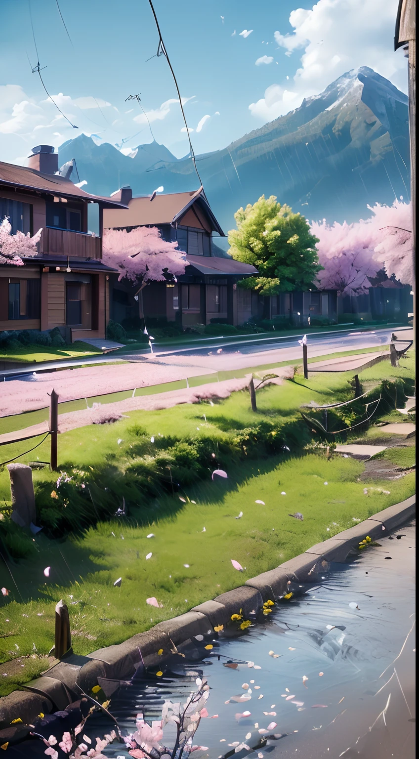 ((ultra real detailed.) (Masterpiece, Top quality, Best quality, offcial art, Beauty and aesthetics: 1.2), Very detailed, Colorful, Most detailed, branches, Buildings, barbed wire, Cherry blossoms, fences, Long hair, En plein air, petals, landscape, rain, green trees, sky, street, Real