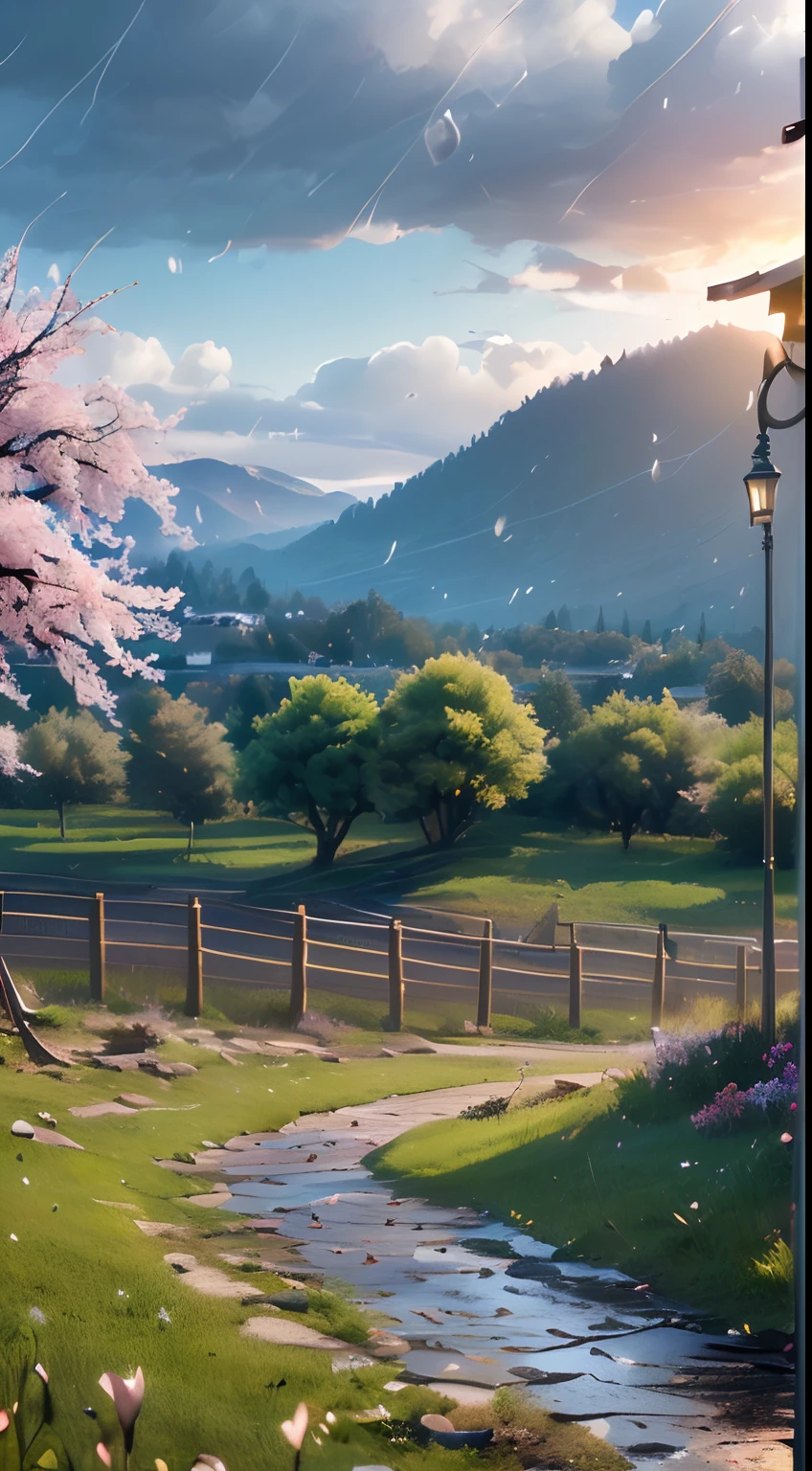 ((ultra real detailed.) (Masterpiece, Top quality, Best quality, offcial art, Beauty and aesthetics: 1.2), Very detailed, Colorful, Most detailed, branches, Buildings, barbed wire, Cherry blossoms, fences, Long hair, En plein air, petals, landscape, rain, green trees, sky, street, Real