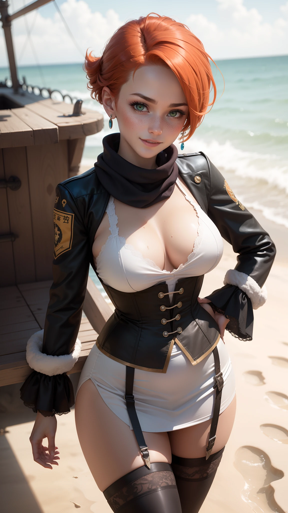 gwen tennyson,tracer,yorha 2b,nami, rebecca chambers,reisalin stout,pirate outfit,beach,ager,green eyes,thigh high boots,garter belt,long scarf,striped panties,short hair,orange hair,pirate ship,shy smile,wet shirt,white striped top,qipao dress,freckles,redhead,pirate corset,pirate jacket,beautiful girl,large breasts,ultra detailed,realistic,pearl earrings,
