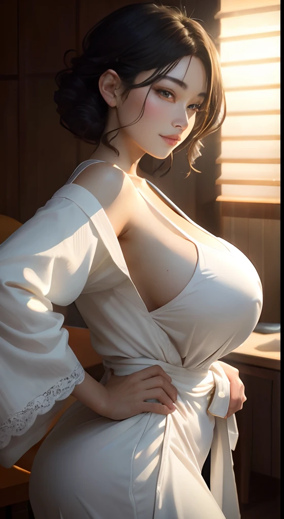 masutepiece, Best Quality、Realistic, ( Intricate details, depth of fields)、Hyper-Realism, 8K, Best Quality, Super Detail, retinas, ighly detailed, Perfect face, Perfect body, Huge breasts, Constriction, Very big ass, Glamour, indirect lighting, hair wavy、Shorthair、prety woman,A dark-haired、goddess of Japan、 the perfect appearance, Smile, ta, Oily skin、shinny skin、indirect lighting, Anatomically correct、Skin Texture、
White Baba woman in cream bathrobe、Imagine standing next to a bed in a luxury hotel room facing the front。She put one hand on her hip.、It is a pose with the other hand naturally lowered to the side。Luxurious interior and elegant furniture are projected in the background.。