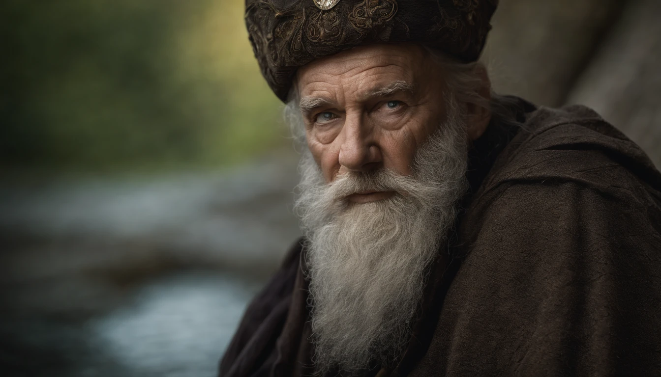 A portrait of a wizard, bearded, wrinkled, weathered, with piercing eyes, detailed face, high details, photography, dark studio, rim light, Nikon D850, 50mm, f/1.4