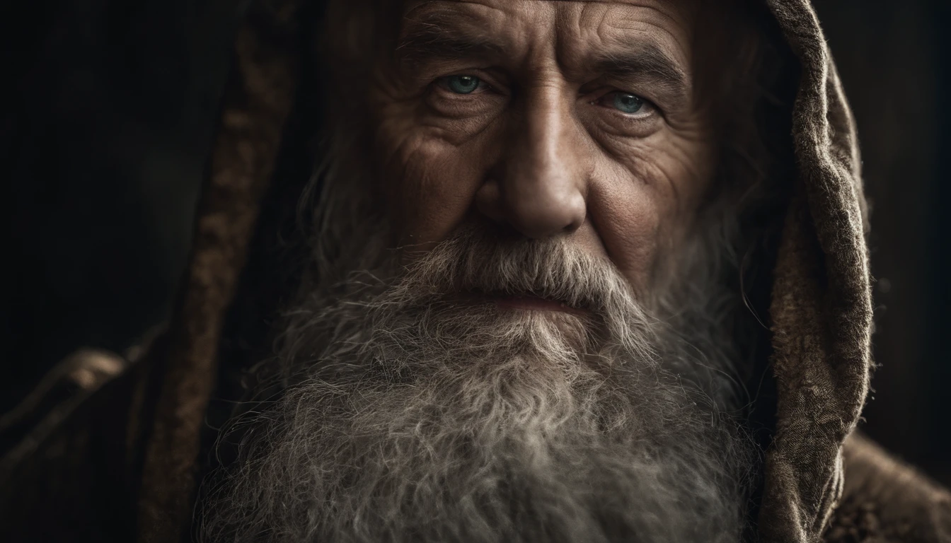 A portrait of a wizard, bearded, wrinkled, weathered, with piercing eyes, detailed face, high details, photography, dark studio, rim light, Nikon D850, 50mm, f/1.4